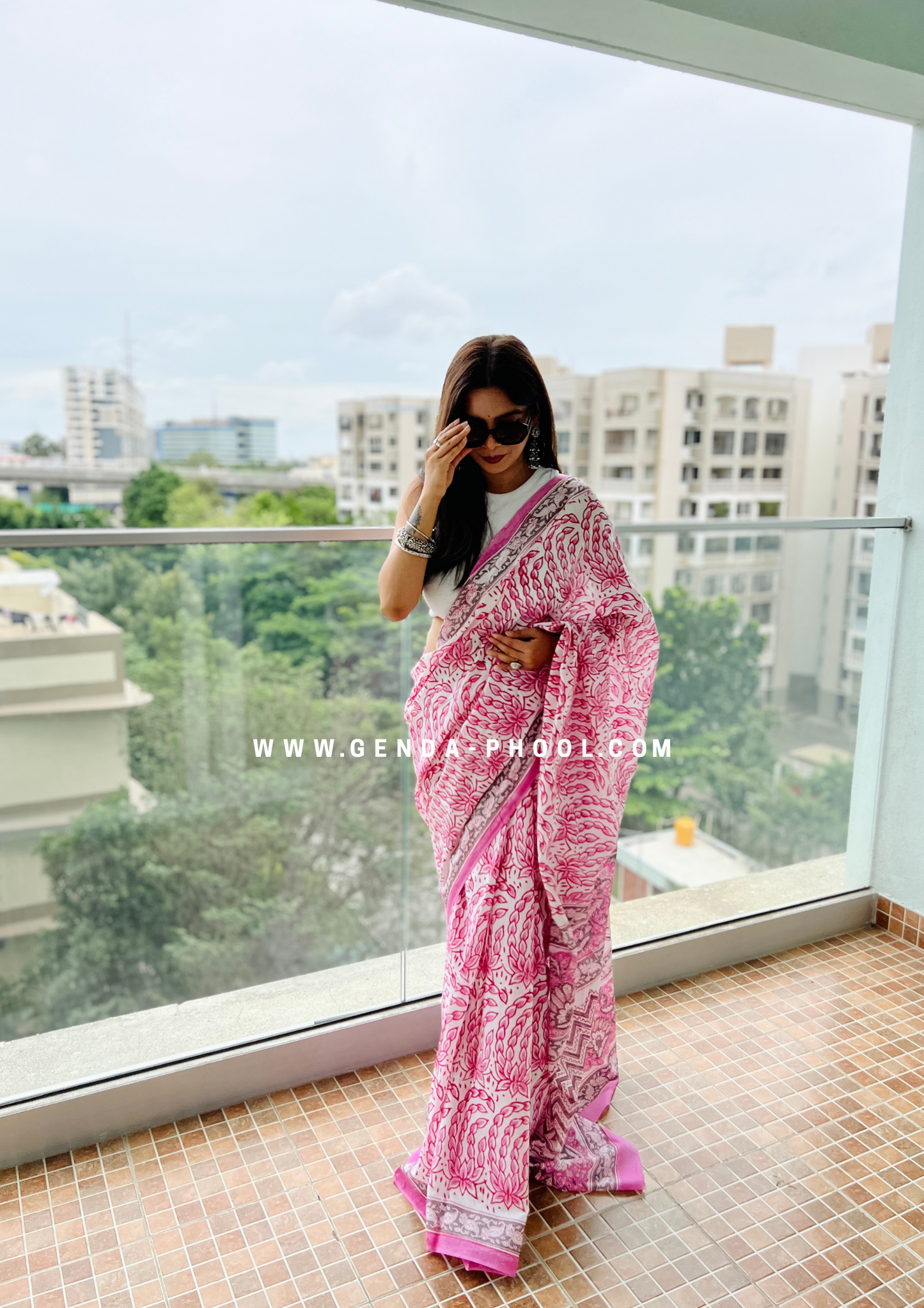 Pink Lotus Print Handblock Mulmul Saree