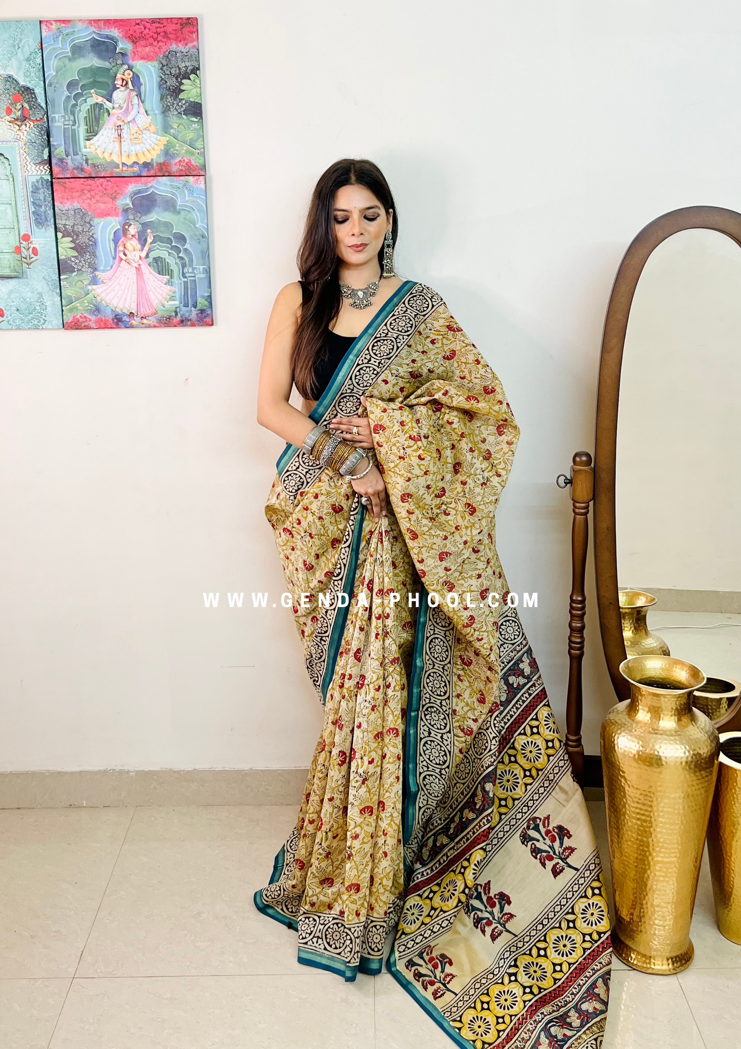 Handloom Kalamkari Handblock Printed Chanderi Silk Cotton Saree with Zari Border