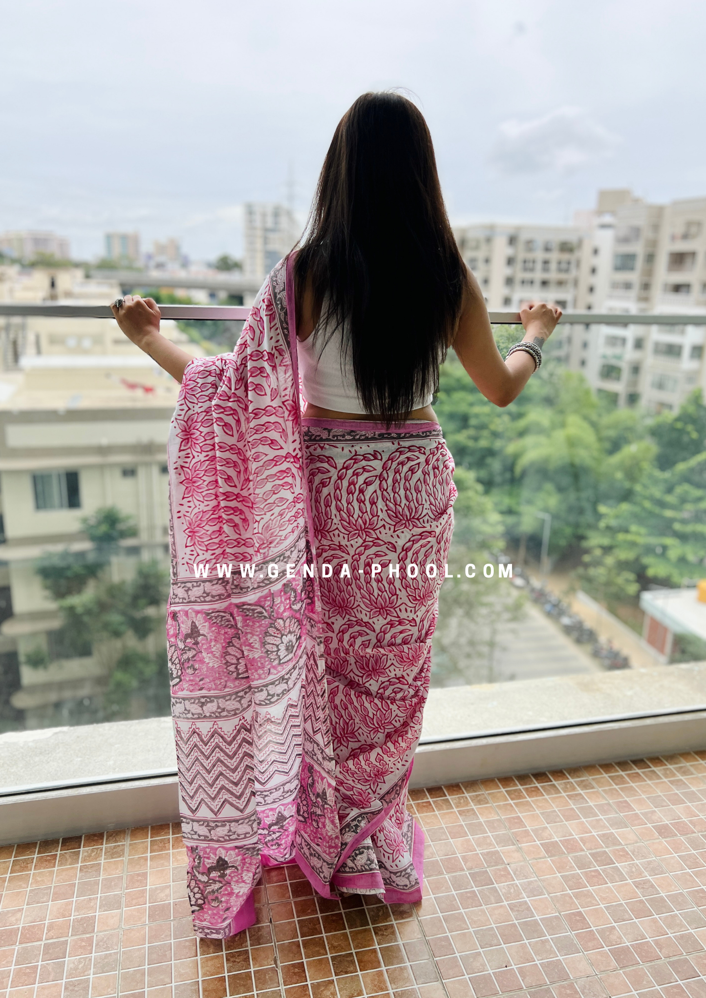 Pink Lotus Print Handblock Mulmul Saree