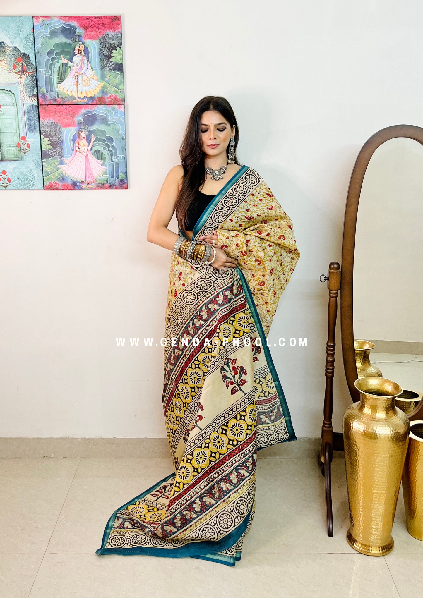 Handloom Kalamkari Handblock Printed Chanderi Silk Cotton Saree with Zari Border