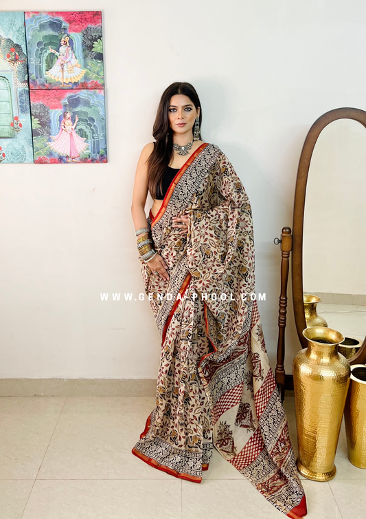 Handloom Kalamkari Handblock Printed Chanderi Silk Cotton Saree with Zari Border