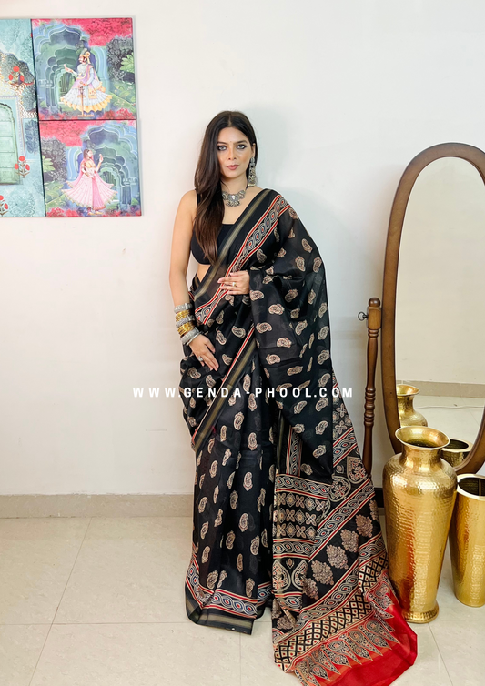 Handloom Dabu Handblock Printed Chanderi Silk Cotton Saree with Zari Border