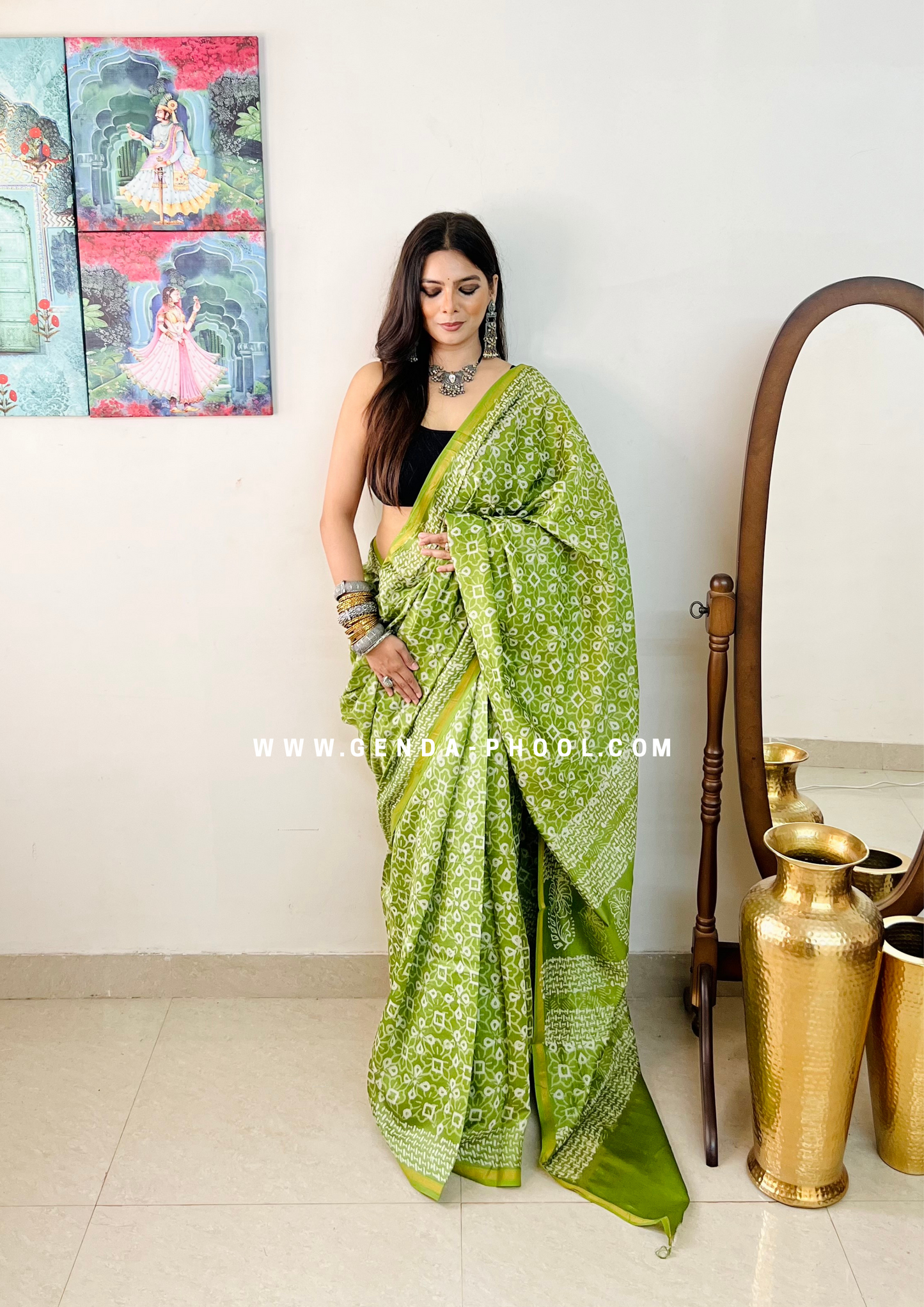 Handloom Dabu Handblock Printed Chanderi Silk Cotton Saree with Zari Border