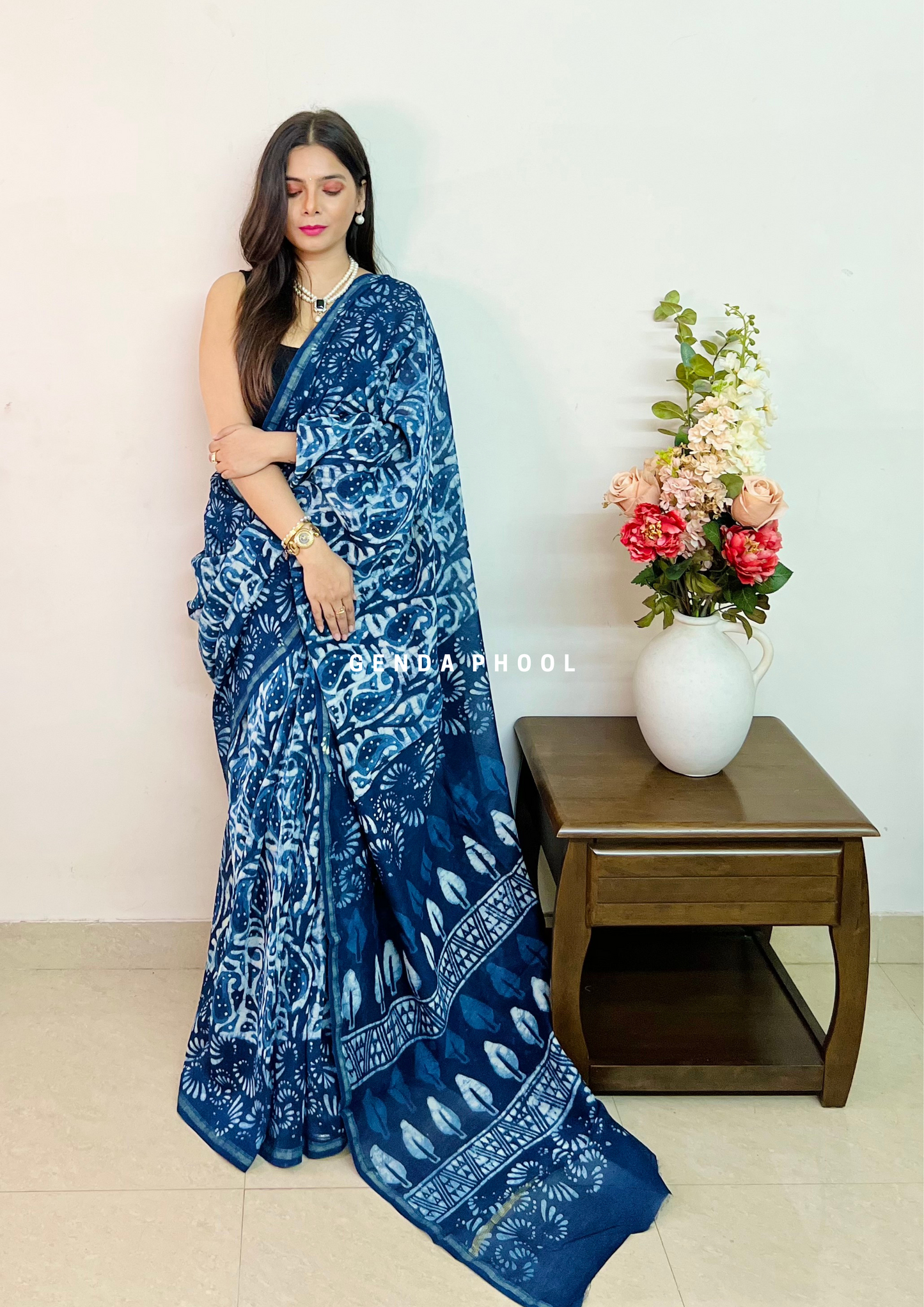 Handloom Handblock Printed Indigo Chanderi Silk Cotton Saree with Zari Border