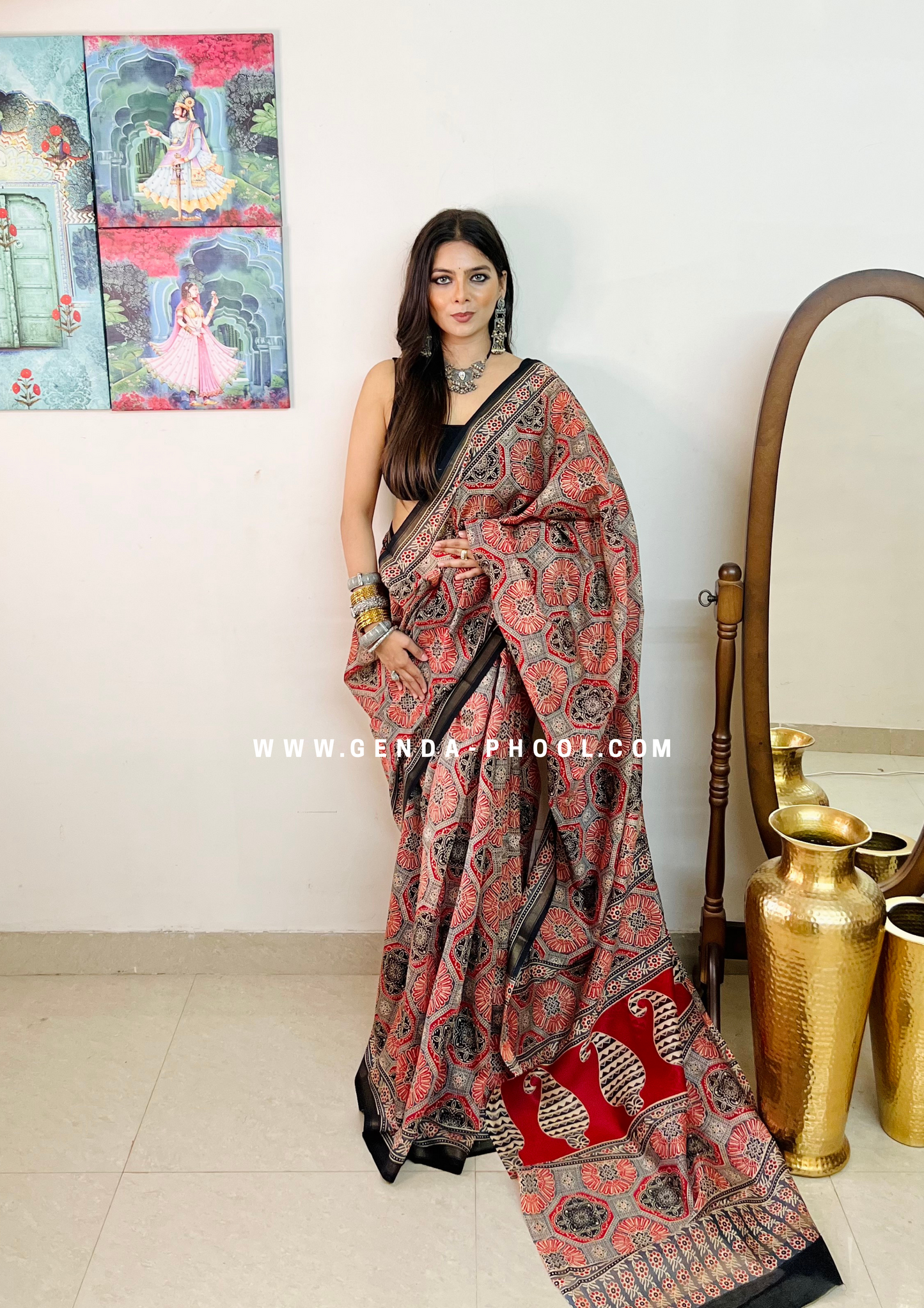 Handloom Dabu Handblock Printed Chanderi Silk Cotton Saree with Zari Border