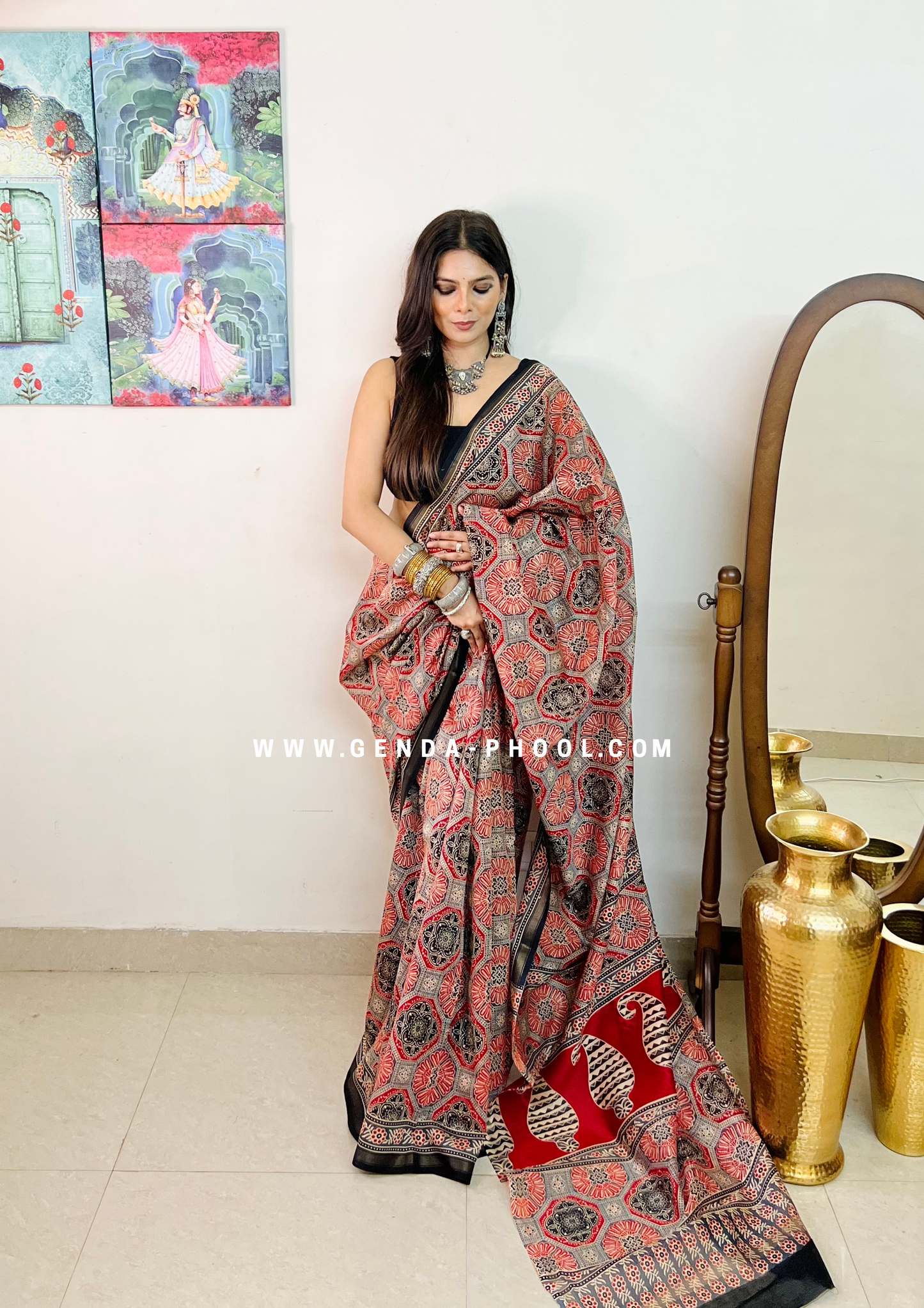 Handloom Dabu Handblock Printed Chanderi Silk Cotton Saree with Zari Border