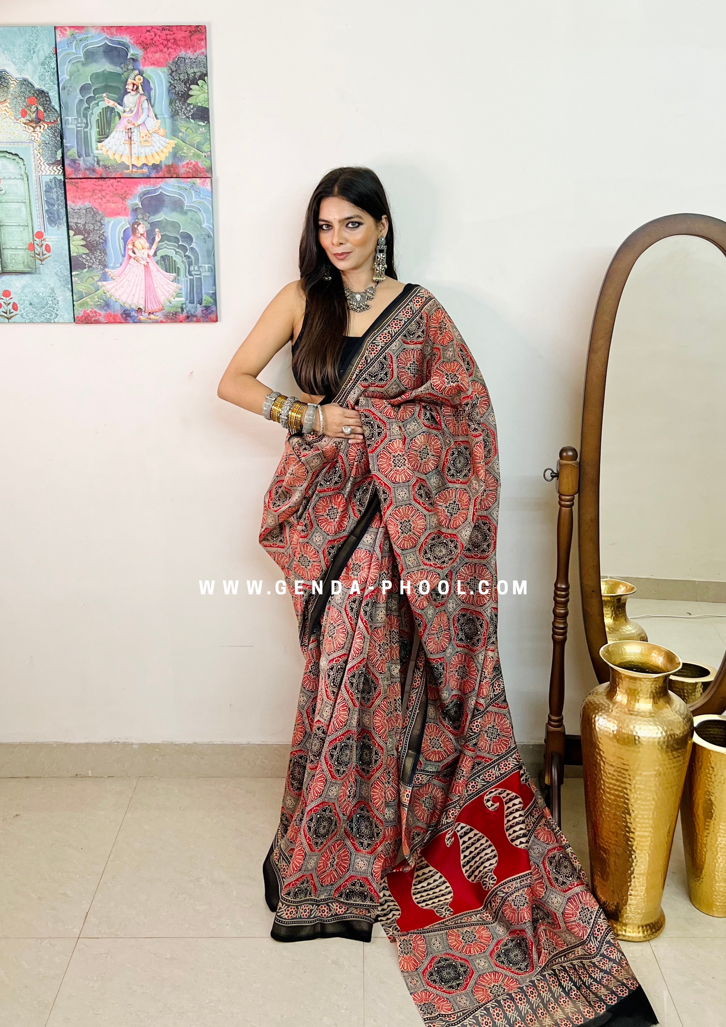 Handloom Dabu Handblock Printed Chanderi Silk Cotton Saree with Zari Border