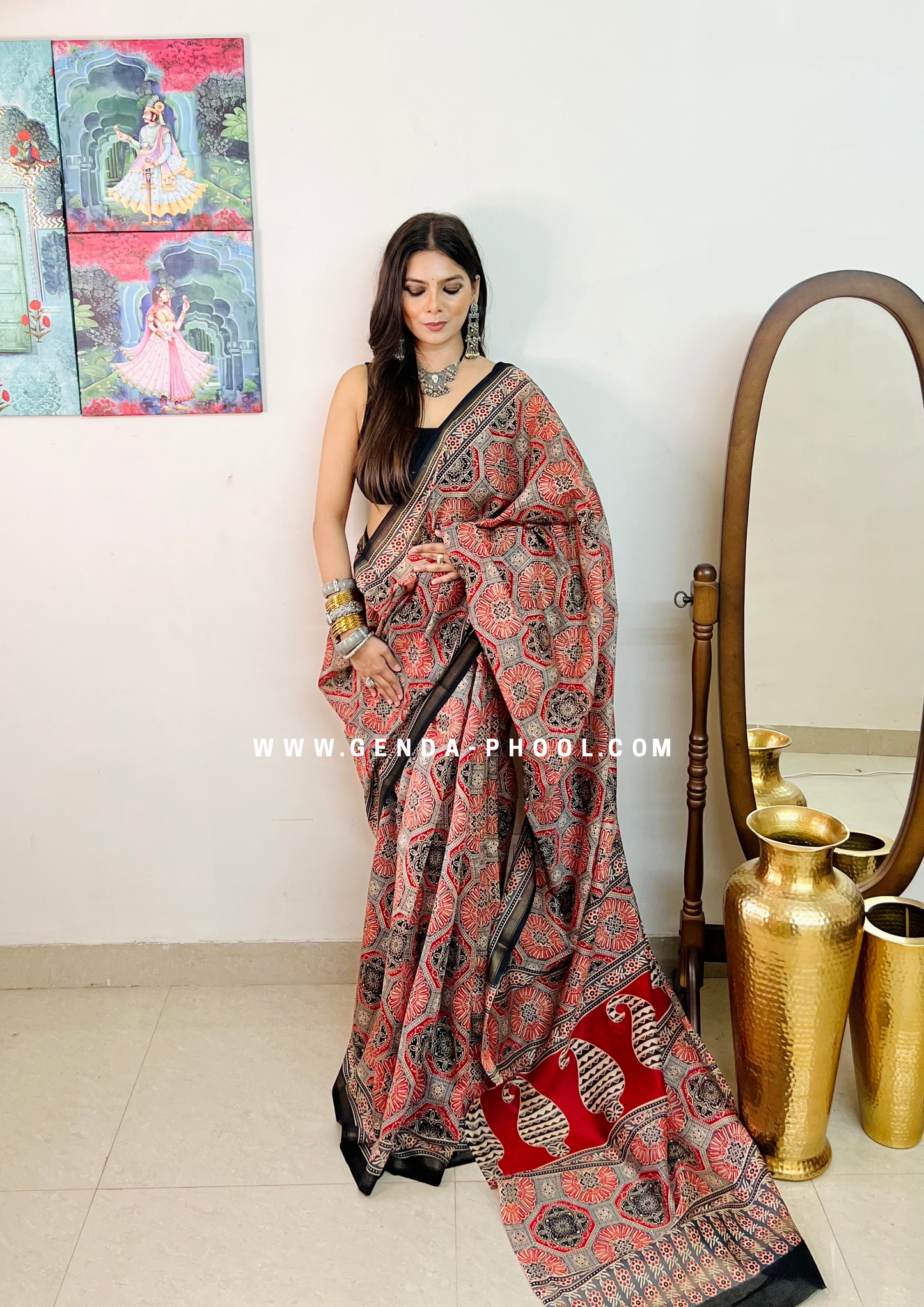 Handloom Dabu Handblock Printed Chanderi Silk Cotton Saree with Zari Border