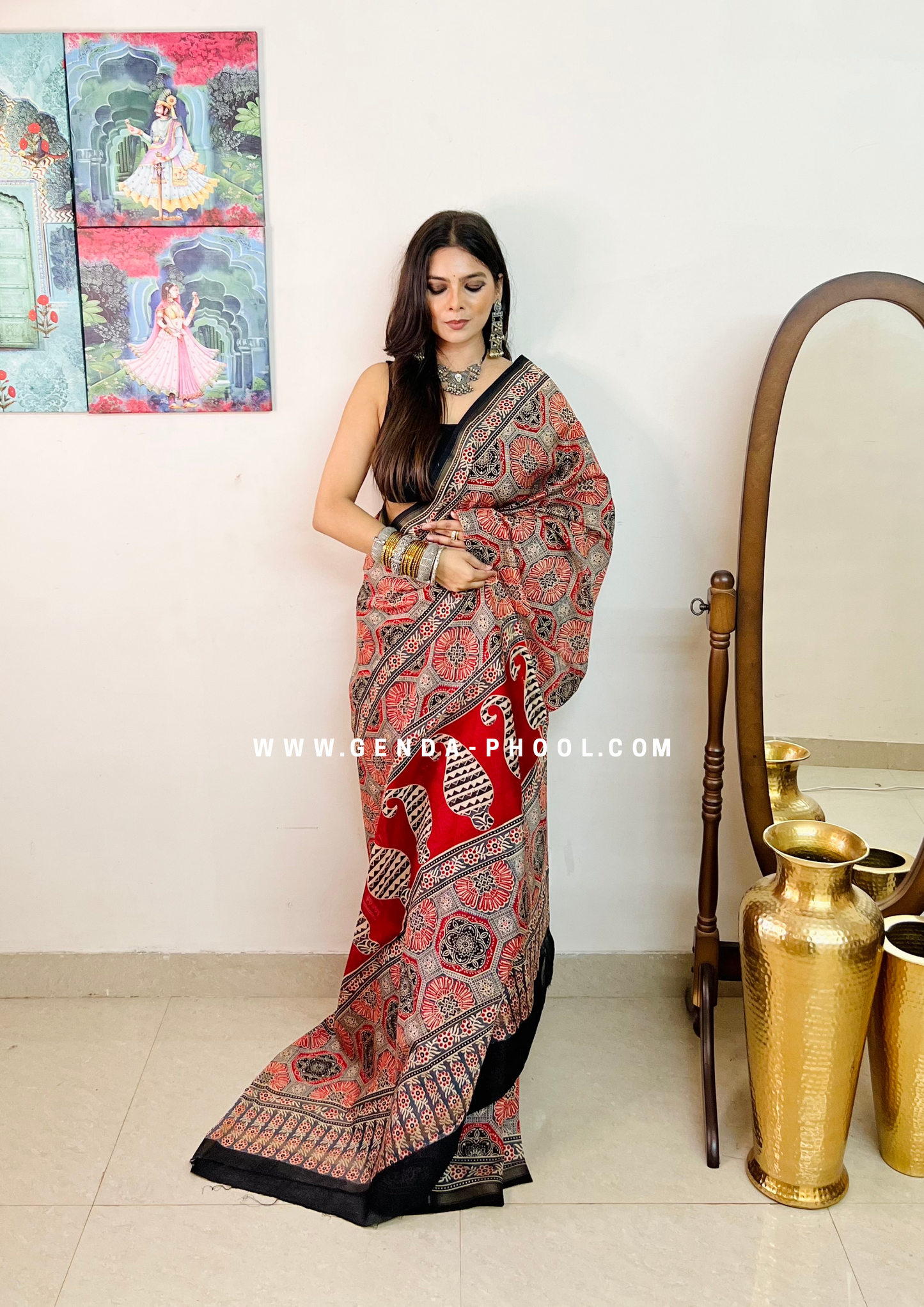 Handloom Dabu Handblock Printed Chanderi Silk Cotton Saree with Zari Border