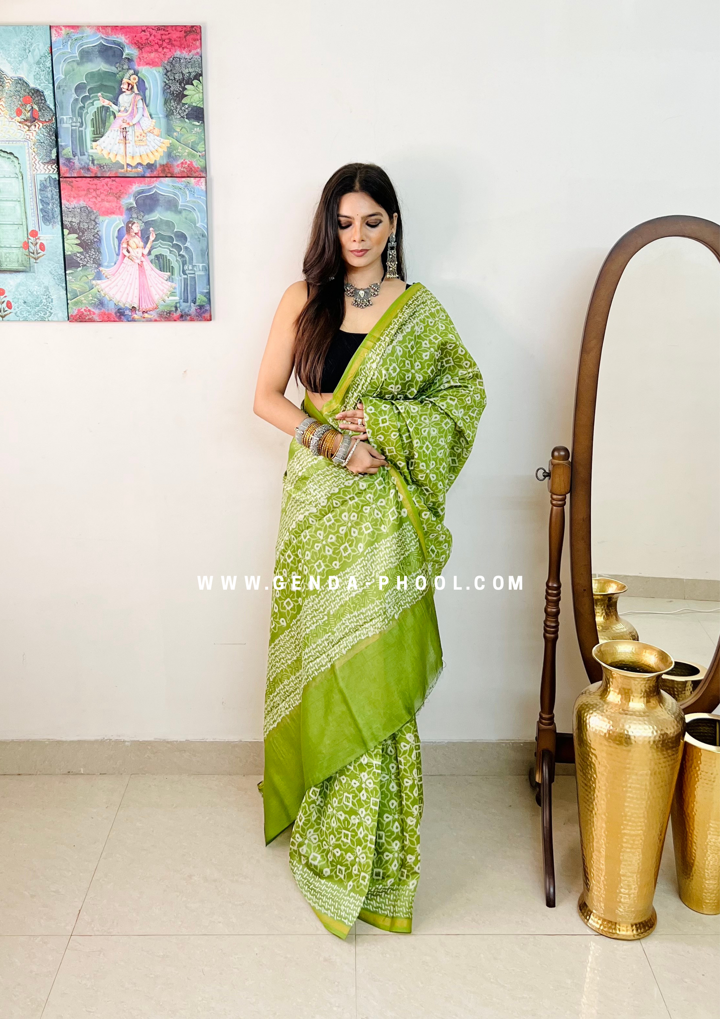 Handloom Dabu Handblock Printed Chanderi Silk Cotton Saree with Zari Border