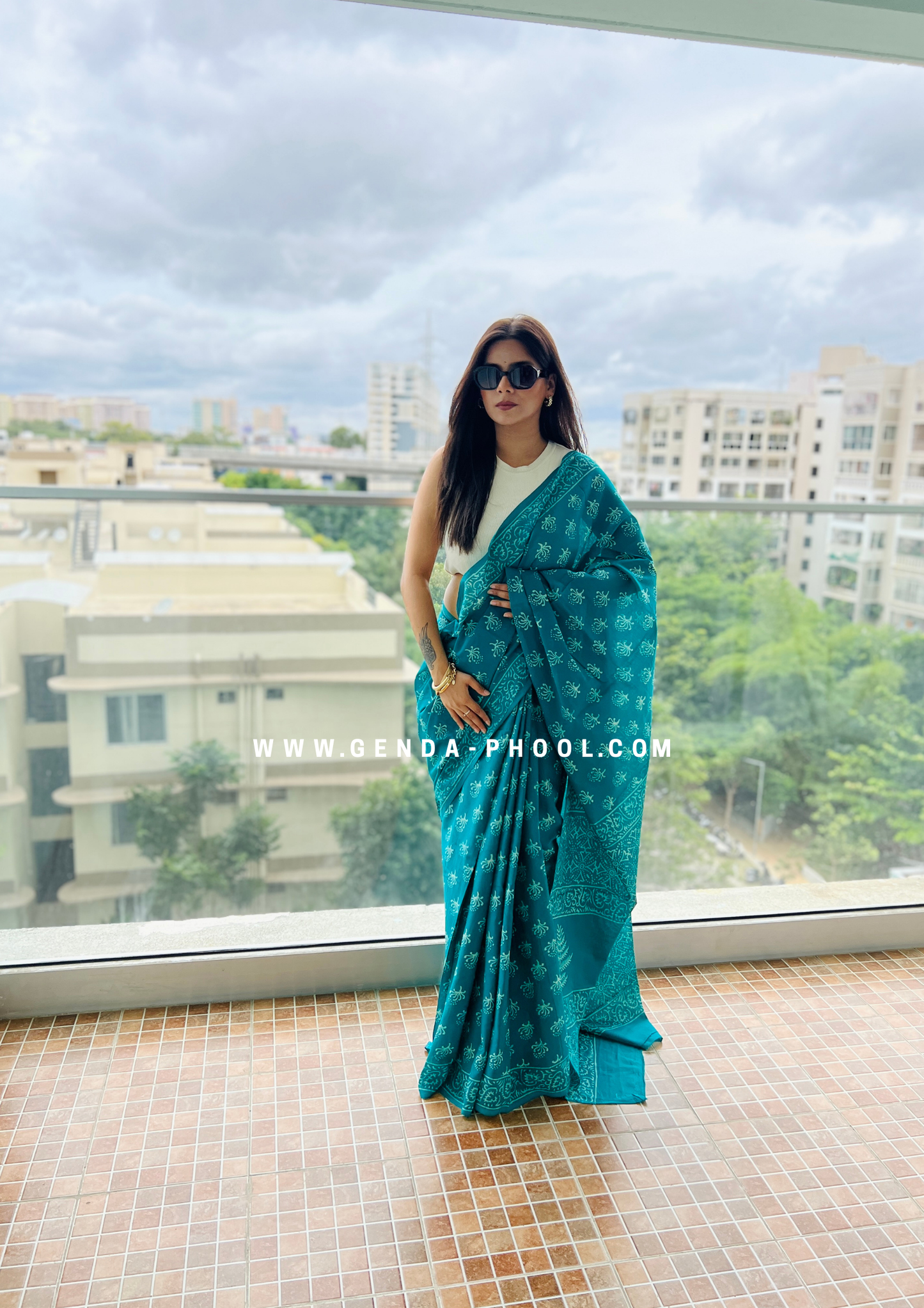 Teal Flower Print Handblock Mulmul Saree