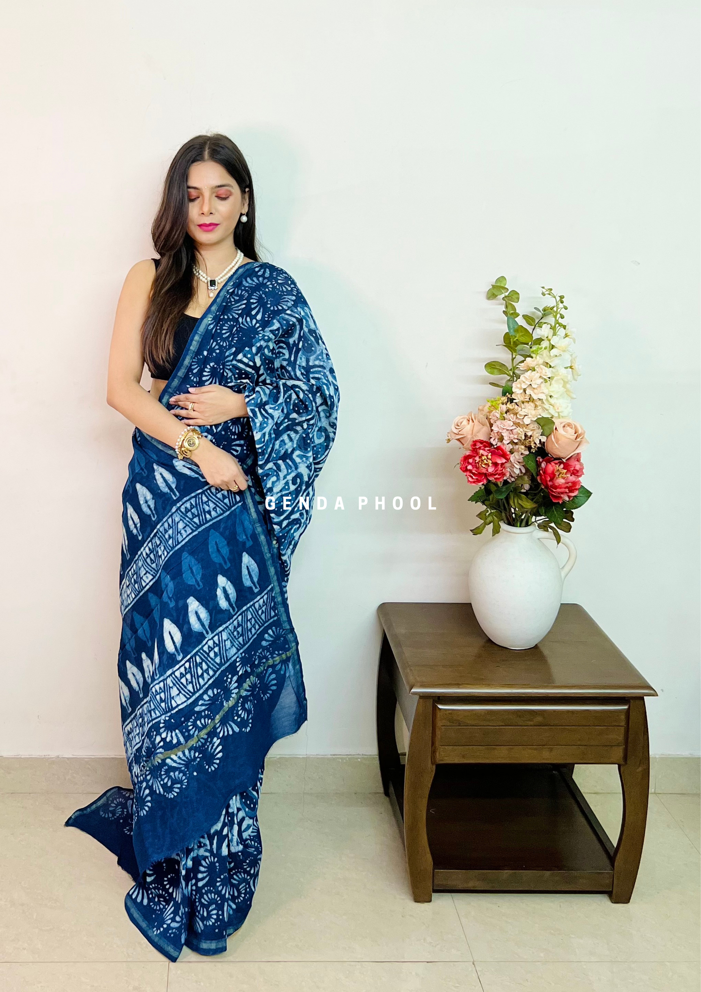 Handloom Handblock Printed Indigo Chanderi Silk Cotton Saree with Zari Border