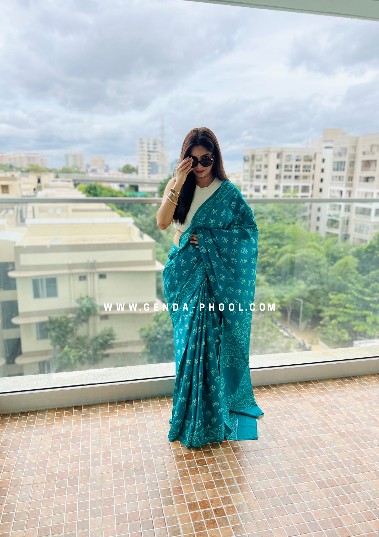 Teal Flower Print Handblock Mulmul Saree