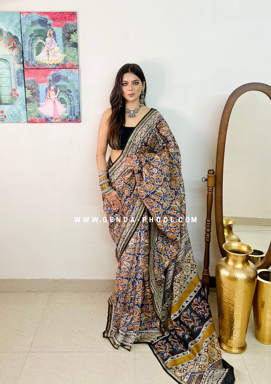 Handloom Kalamkari Handblock Printed Chanderi Silk Cotton Saree with Zari Border