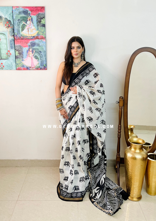 Handloom Dabu Handblock Printed Chanderi Silk Cotton Saree with Zari Border