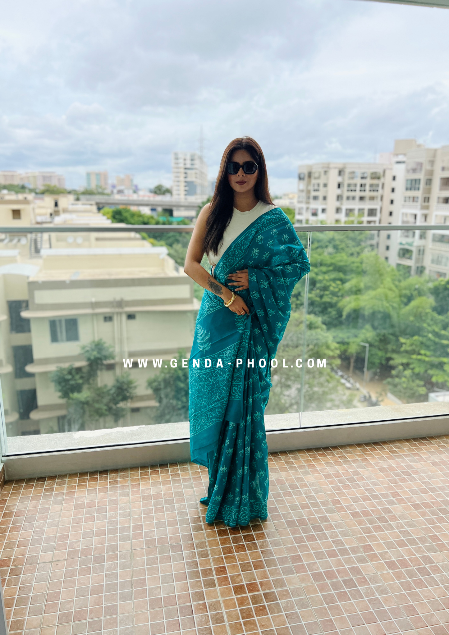 Teal Flower Print Handblock Mulmul Saree