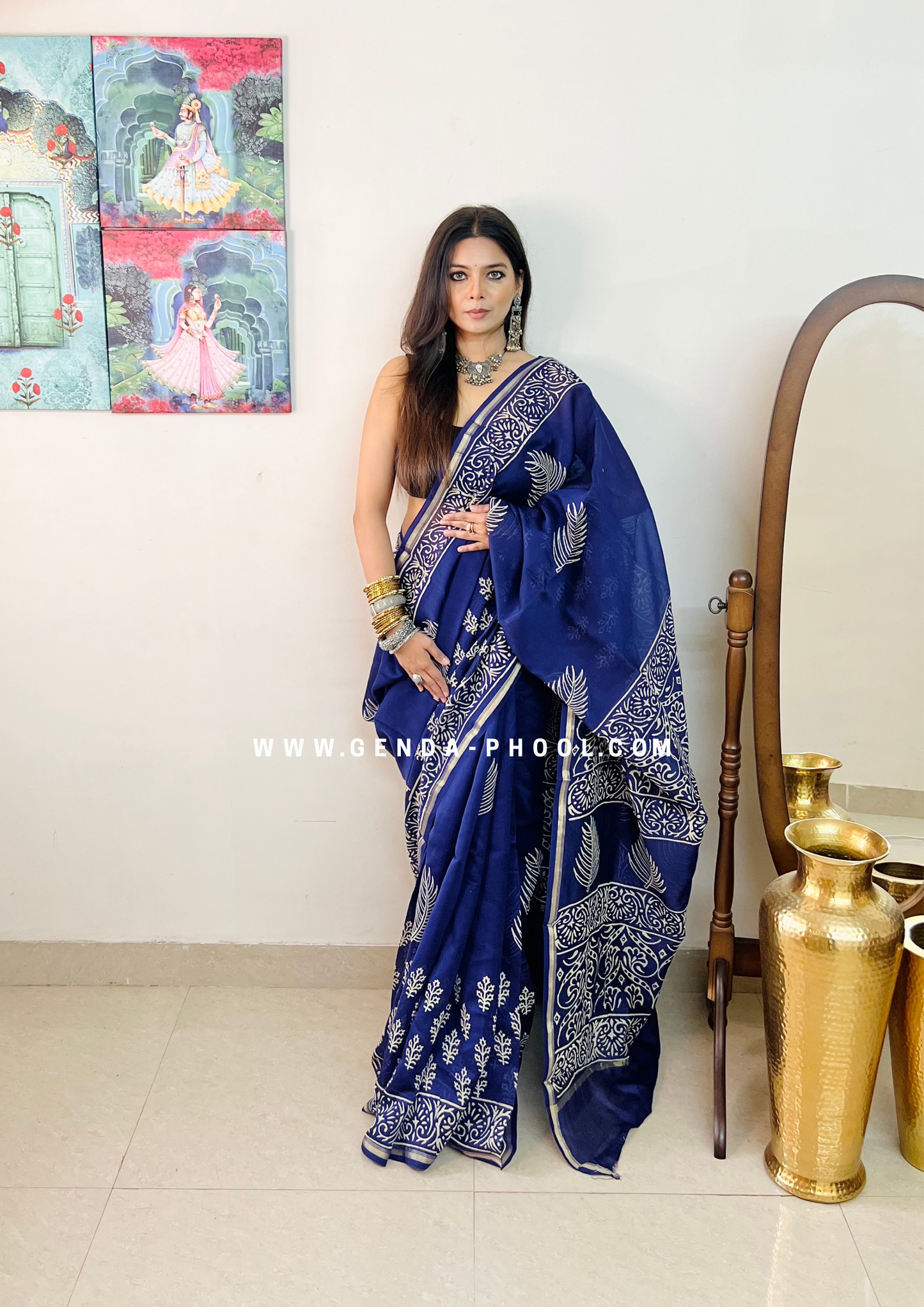 Handloom Dabu Handblock Printed Chanderi Silk Cotton Saree with Zari Border