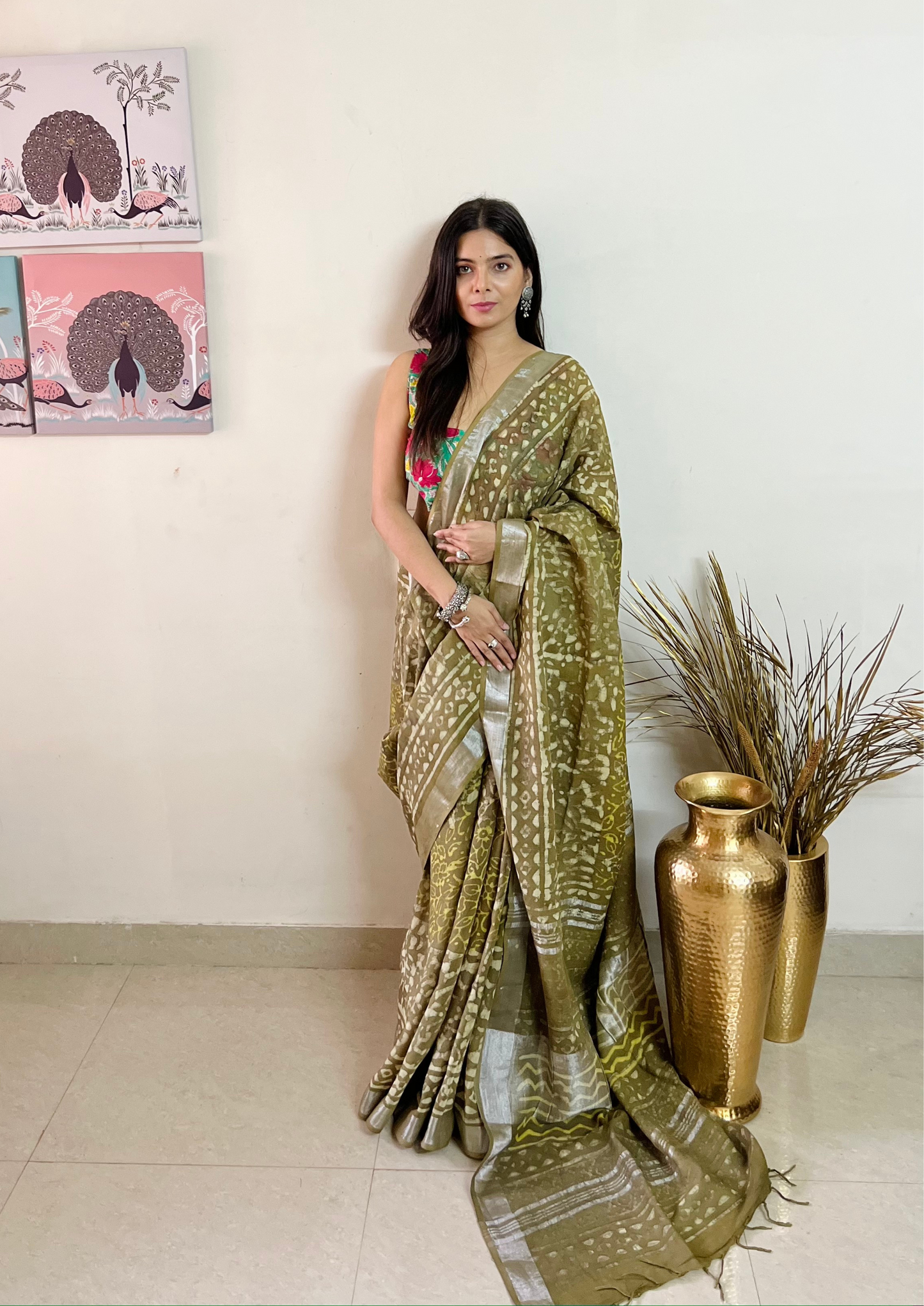 Handblock Printed Linen Cotton Saree