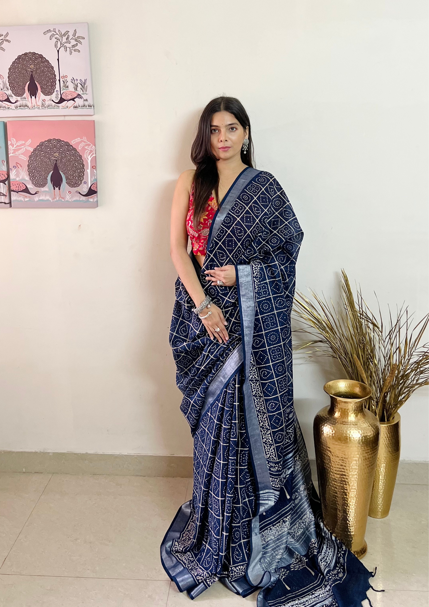 Handblock Printed Linen Cotton Saree