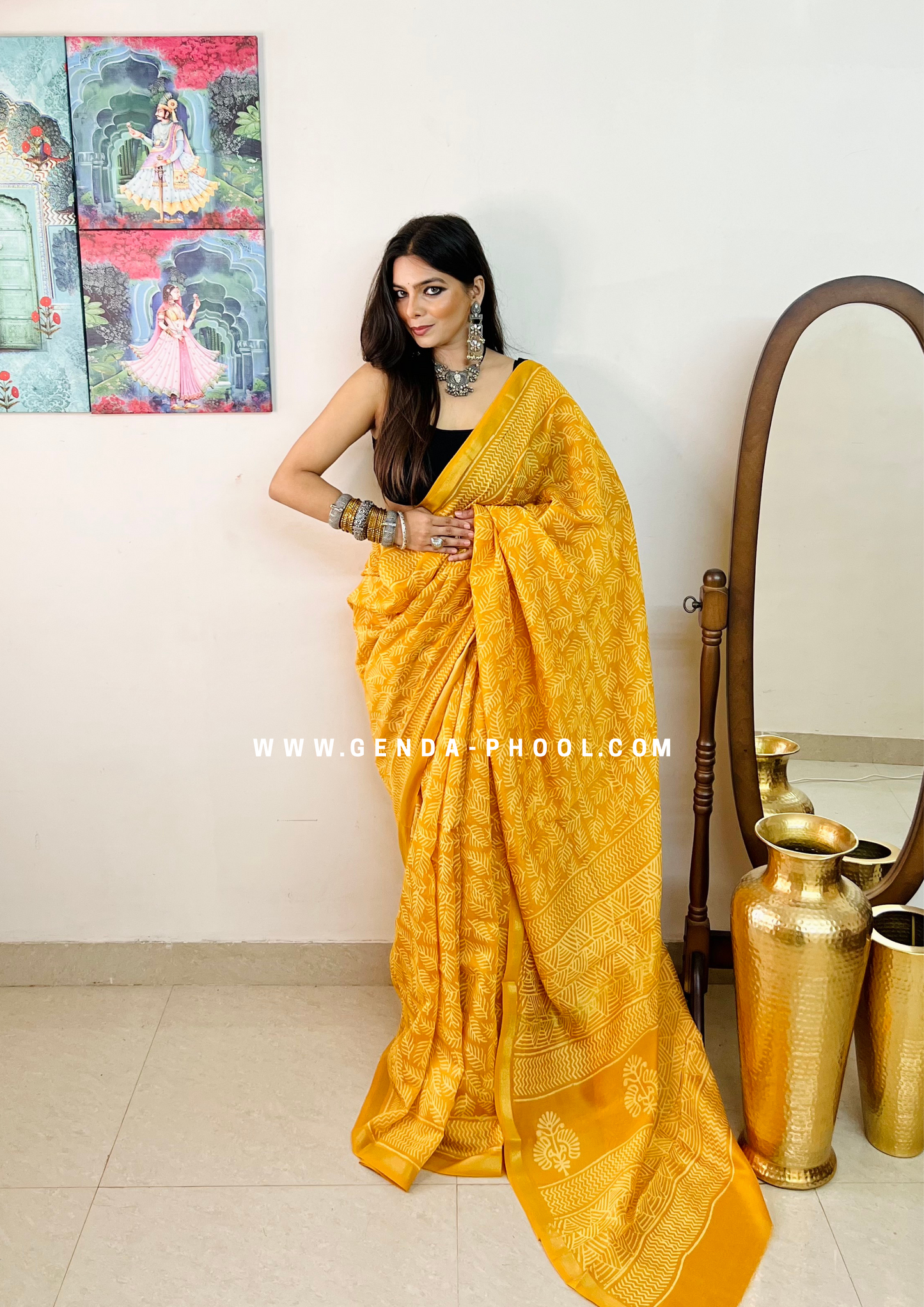 Handloom Dabu Handblock Printed Chanderi Silk Cotton Saree with Zari Border