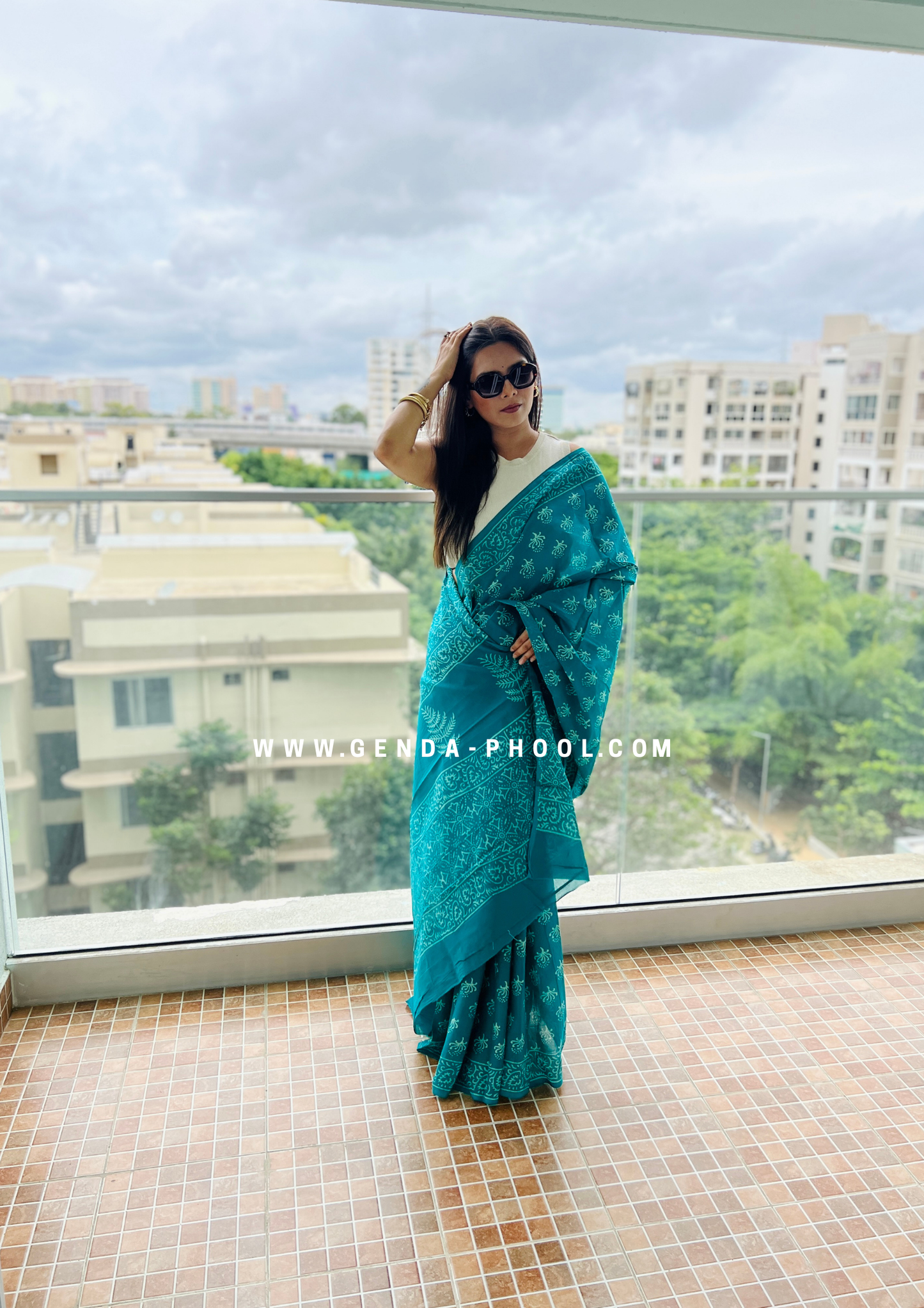 Teal Flower Print Handblock Mulmul Saree