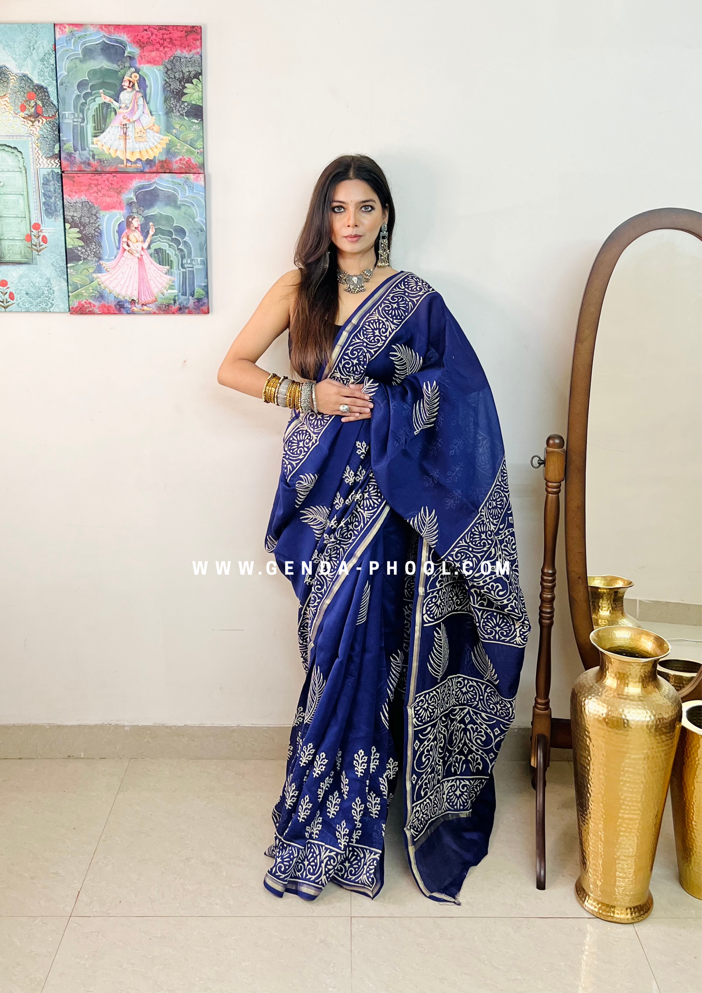 Handloom Dabu Handblock Printed Chanderi Silk Cotton Saree with Zari Border