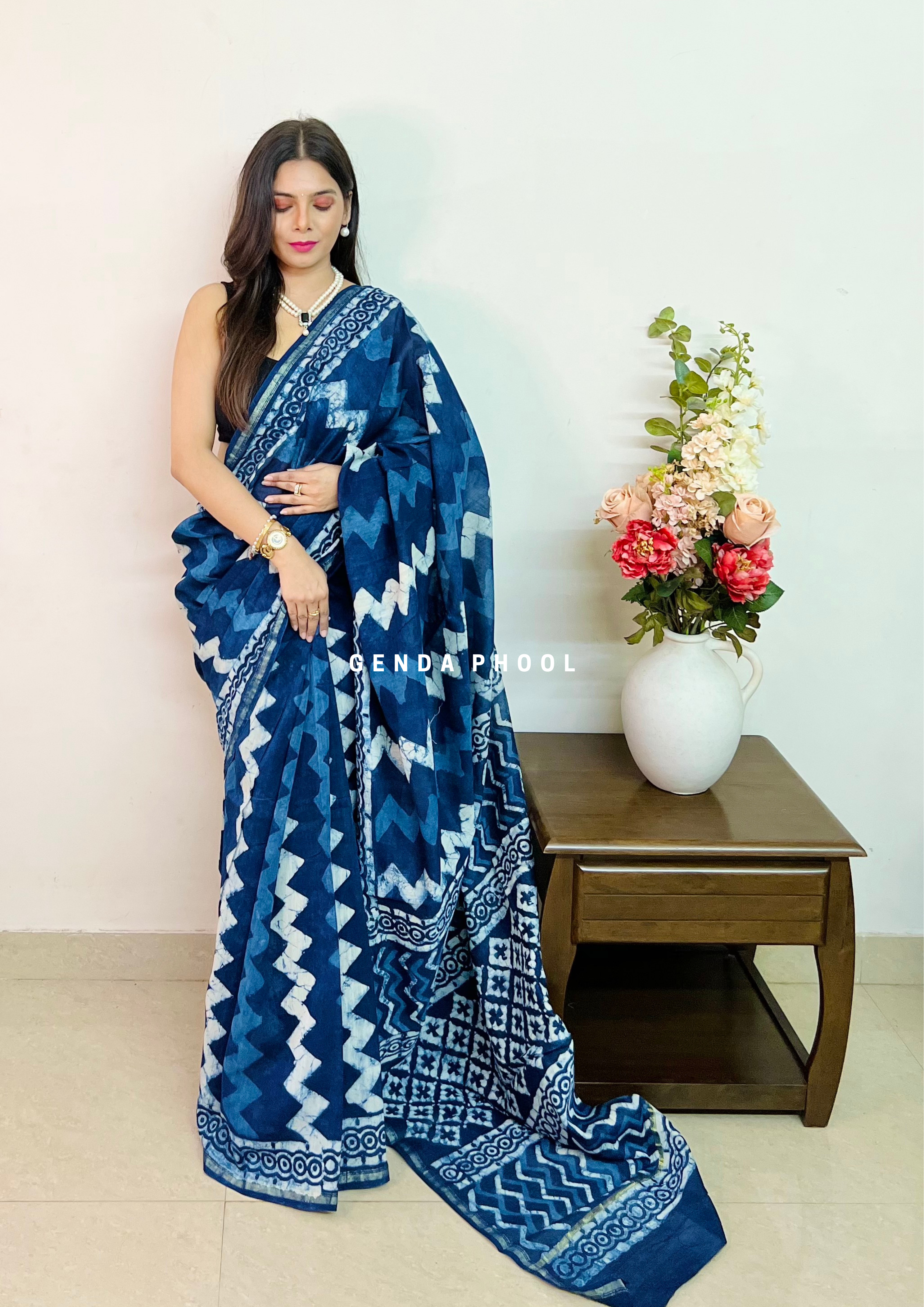 Dabu Printed Chanderi Cotton Saree in Indigo Blue : SJN7177