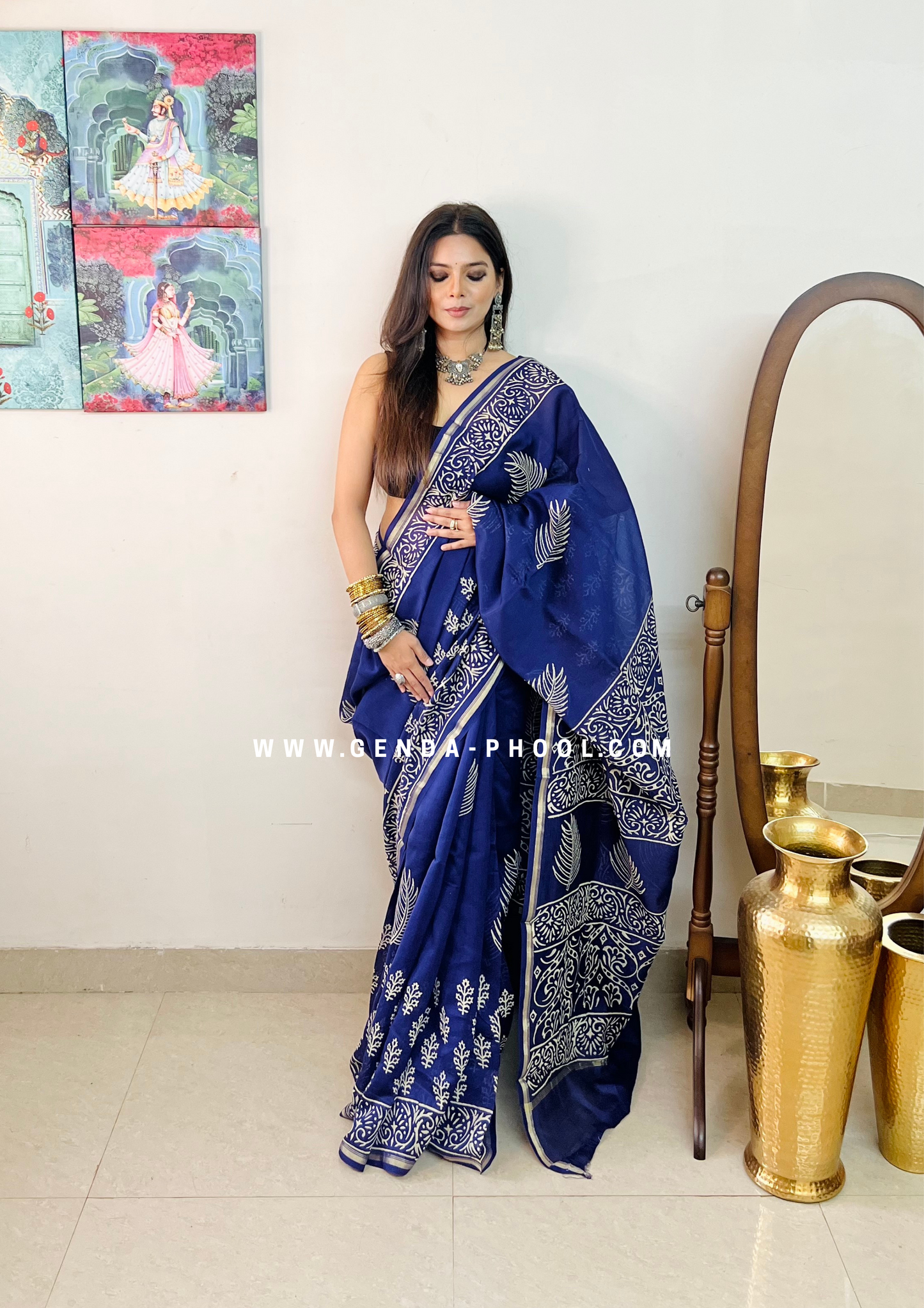 Handloom Dabu Handblock Printed Chanderi Silk Cotton Saree with Zari Border