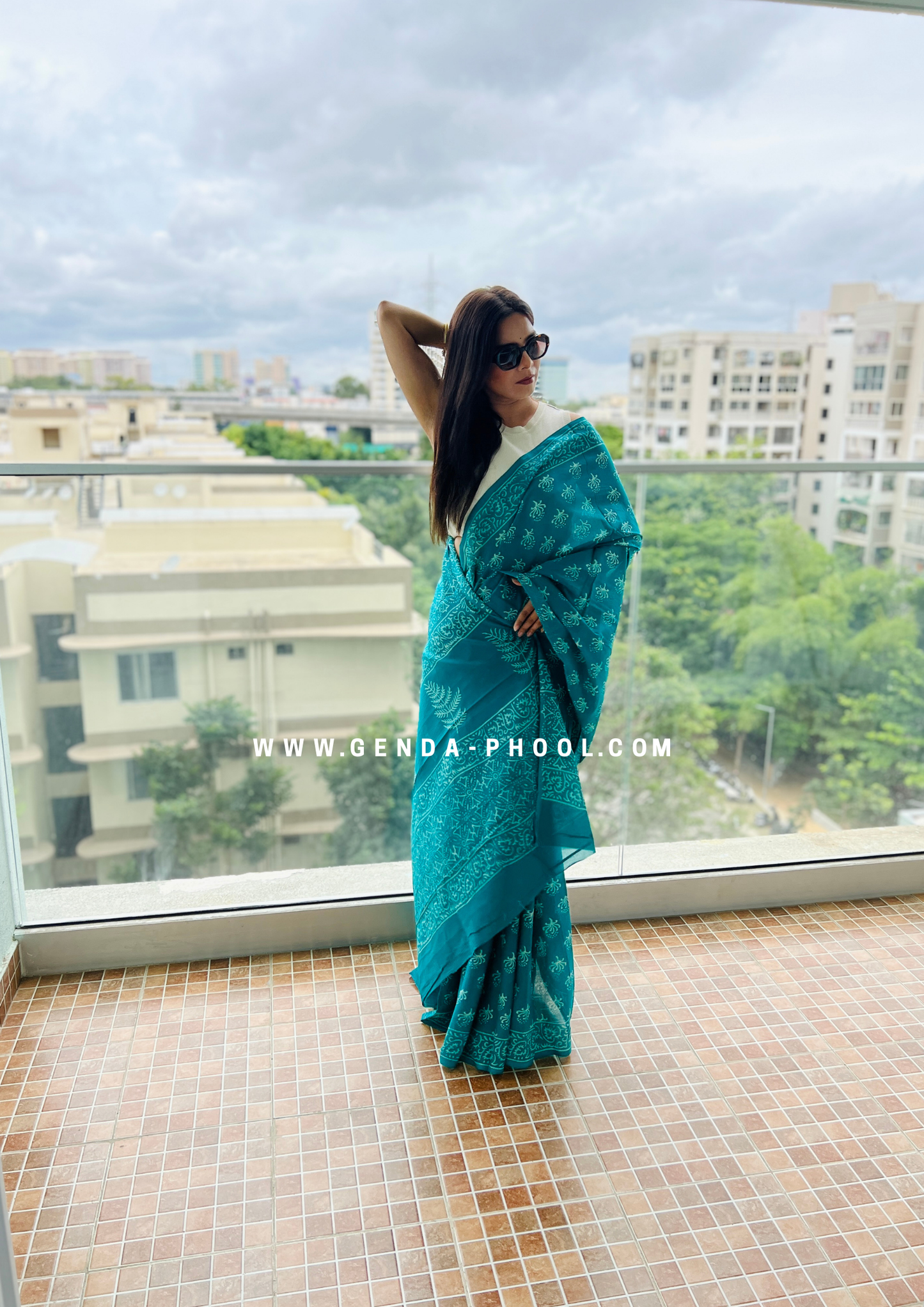 Teal Flower Print Handblock Mulmul Saree