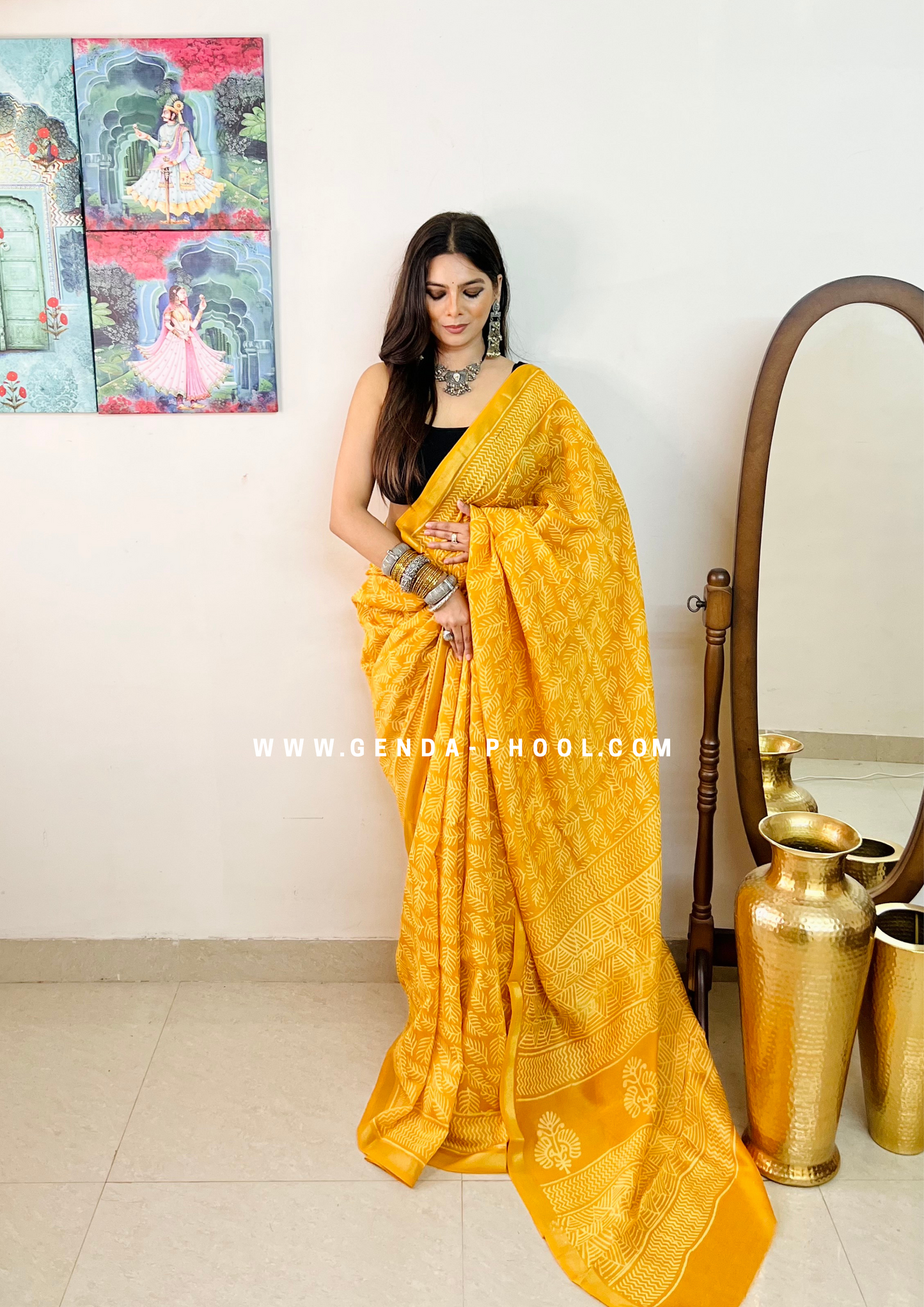 Handloom Dabu Handblock Printed Chanderi Silk Cotton Saree with Zari Border