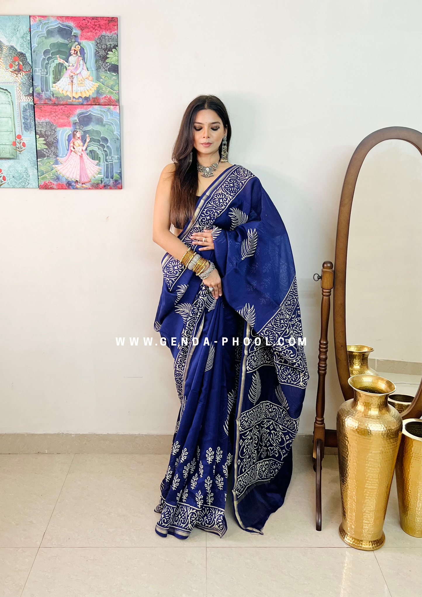 Handloom Dabu Handblock Printed Chanderi Silk Cotton Saree with Zari Border