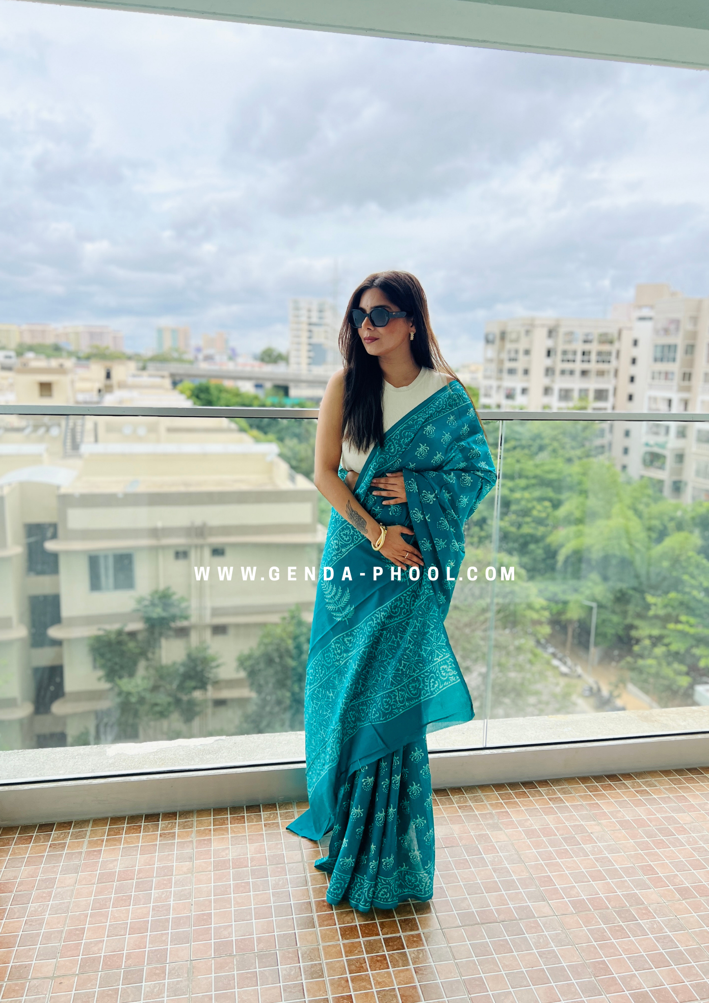 Teal Flower Print Handblock Mulmul Saree