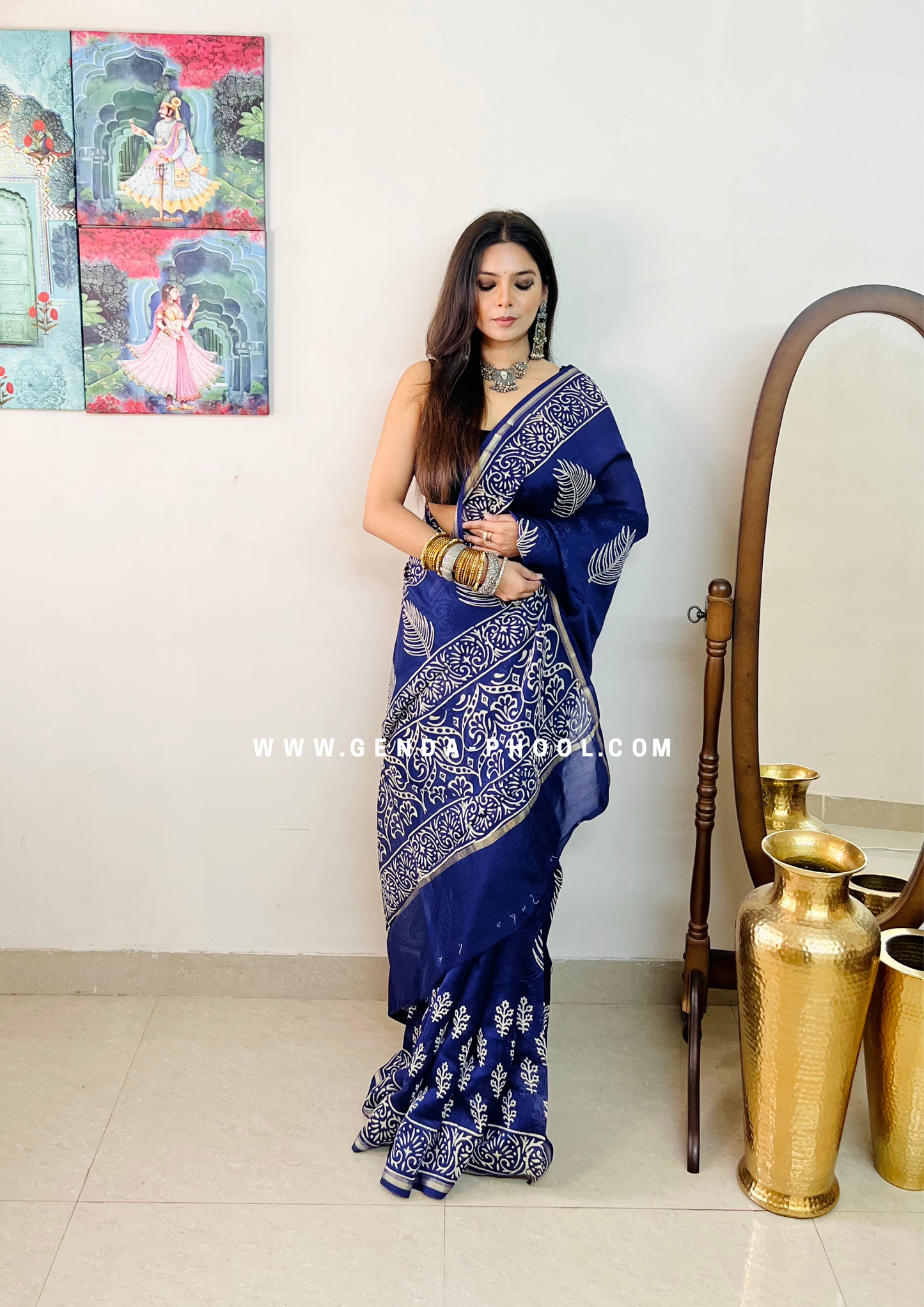 Handloom Dabu Handblock Printed Chanderi Silk Cotton Saree with Zari Border