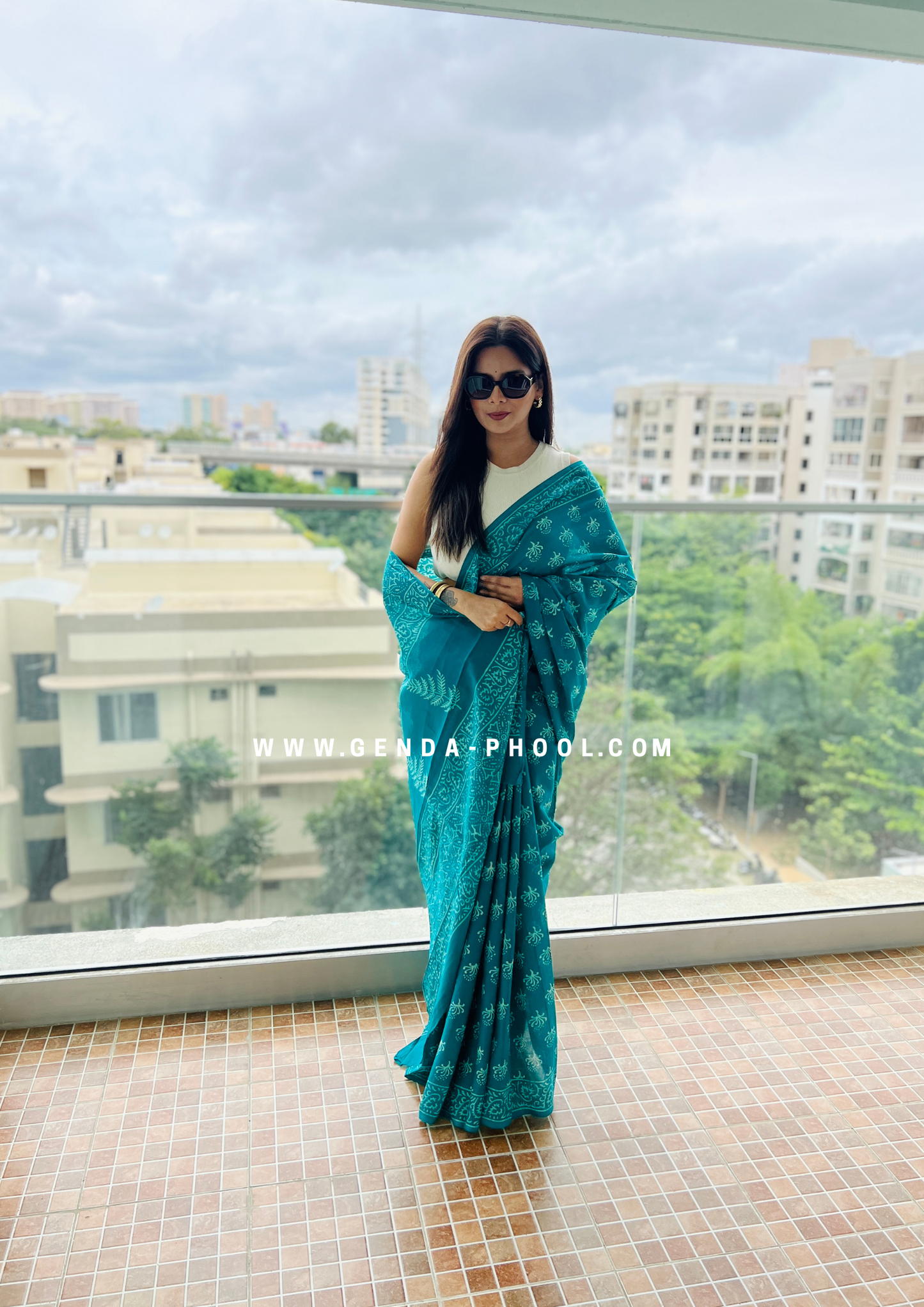 Teal Flower Print Handblock Mulmul Saree