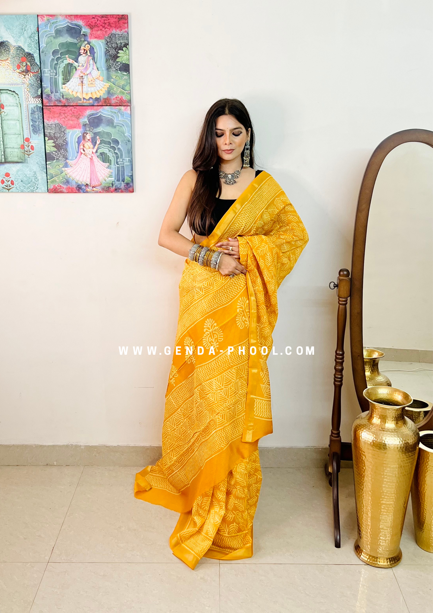 Handloom Dabu Handblock Printed Chanderi Silk Cotton Saree with Zari Border