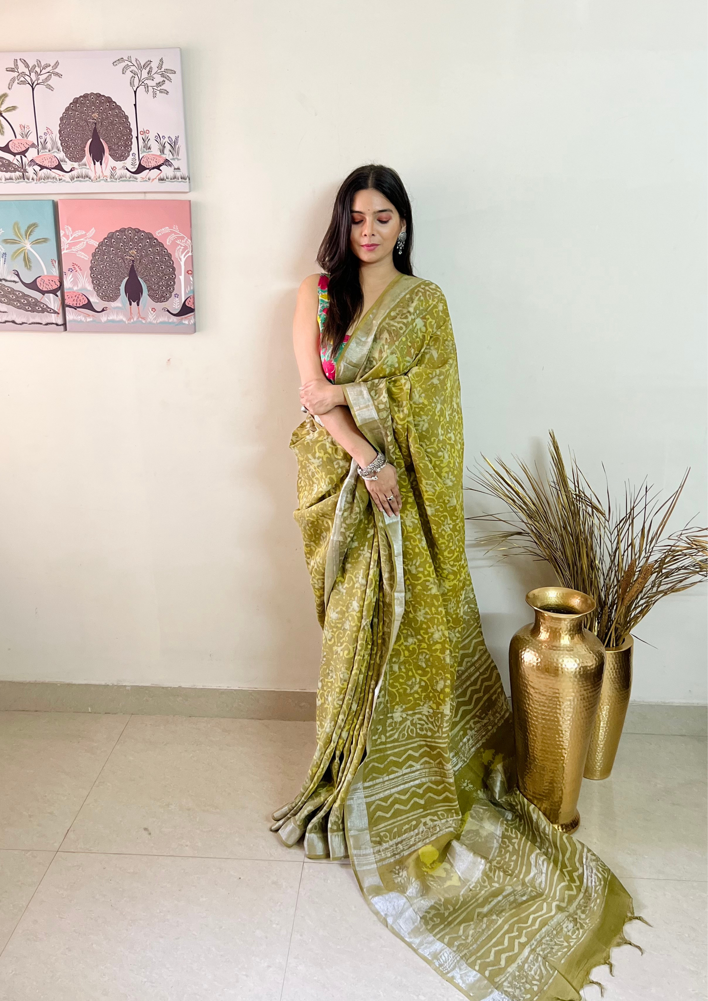 Handblock Printed Linen Cotton Saree