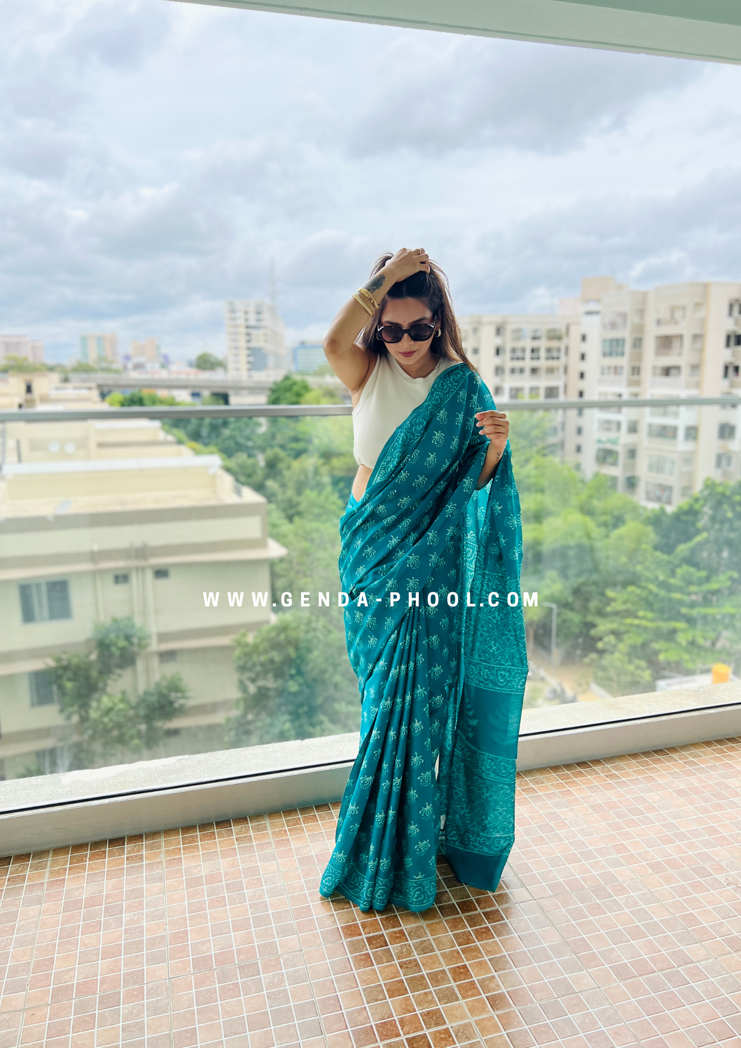 Teal Flower Print Handblock Mulmul Saree