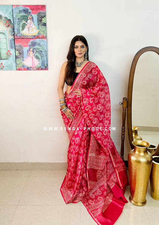 Handloom Dabu Handblock Printed Chanderi Silk Cotton Saree with Zari Border