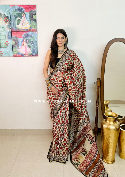 Handloom Kalamkari Handblock Printed Chanderi Silk Cotton Saree with Zari Border