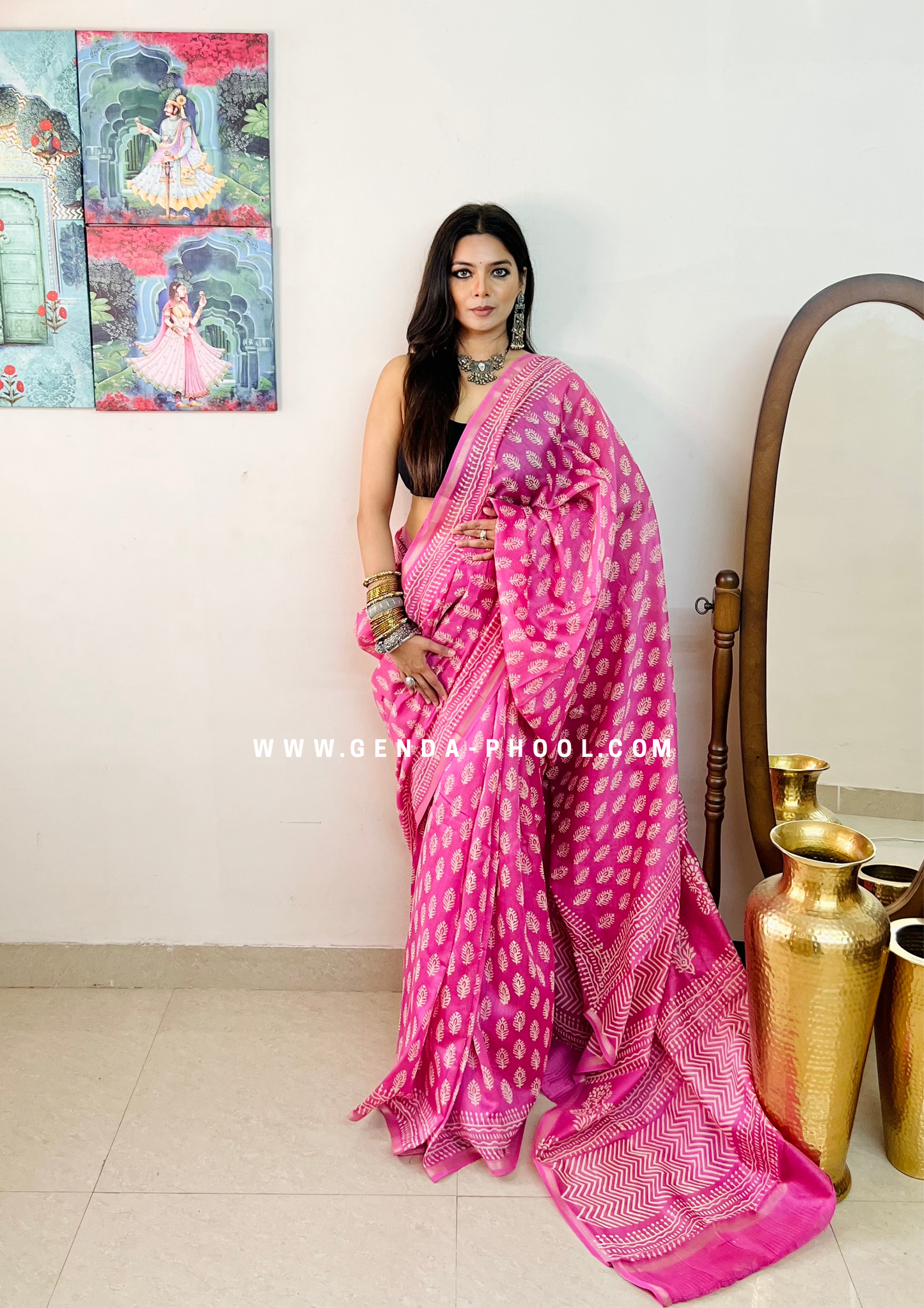 Handloom Dabu Handblock Printed Chanderi Silk Cotton Saree with Zari Border