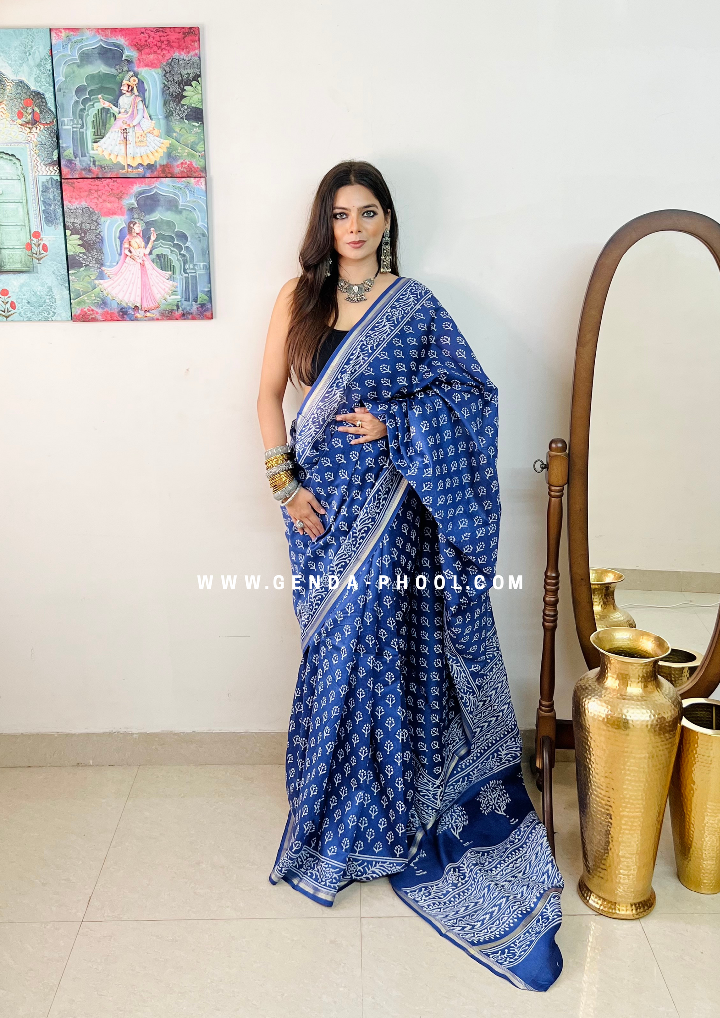 Handloom Dabu Handblock Printed Chanderi Silk Cotton Saree with Zari Border