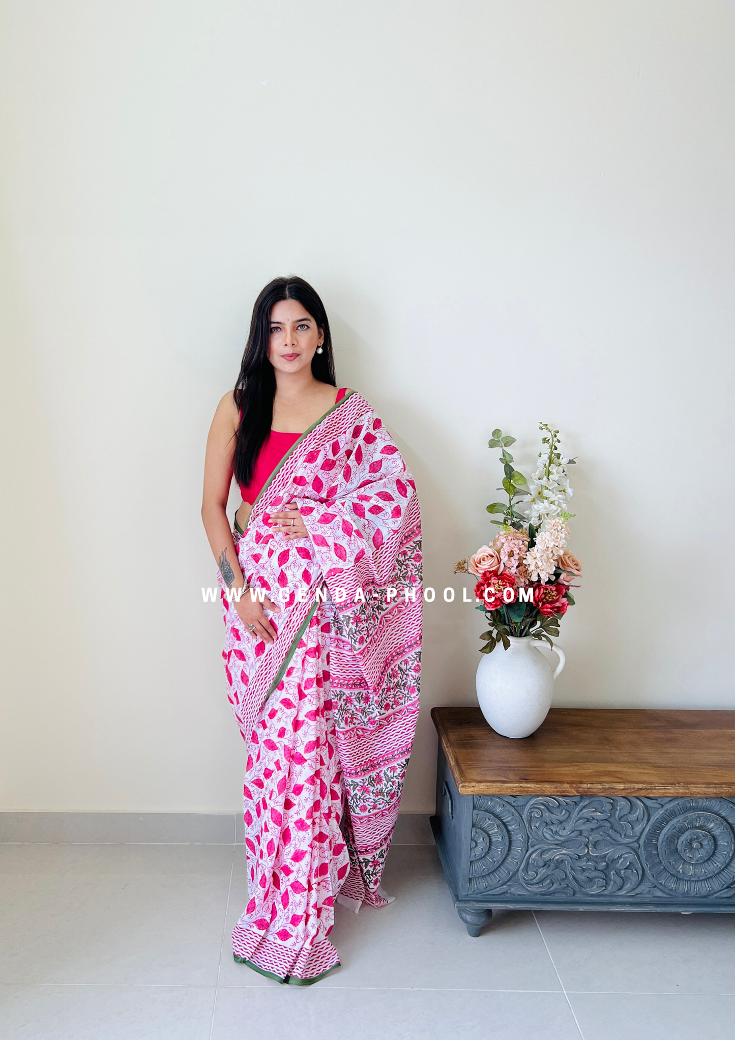 Pink Leaf Print Handblock Mulmul Saree