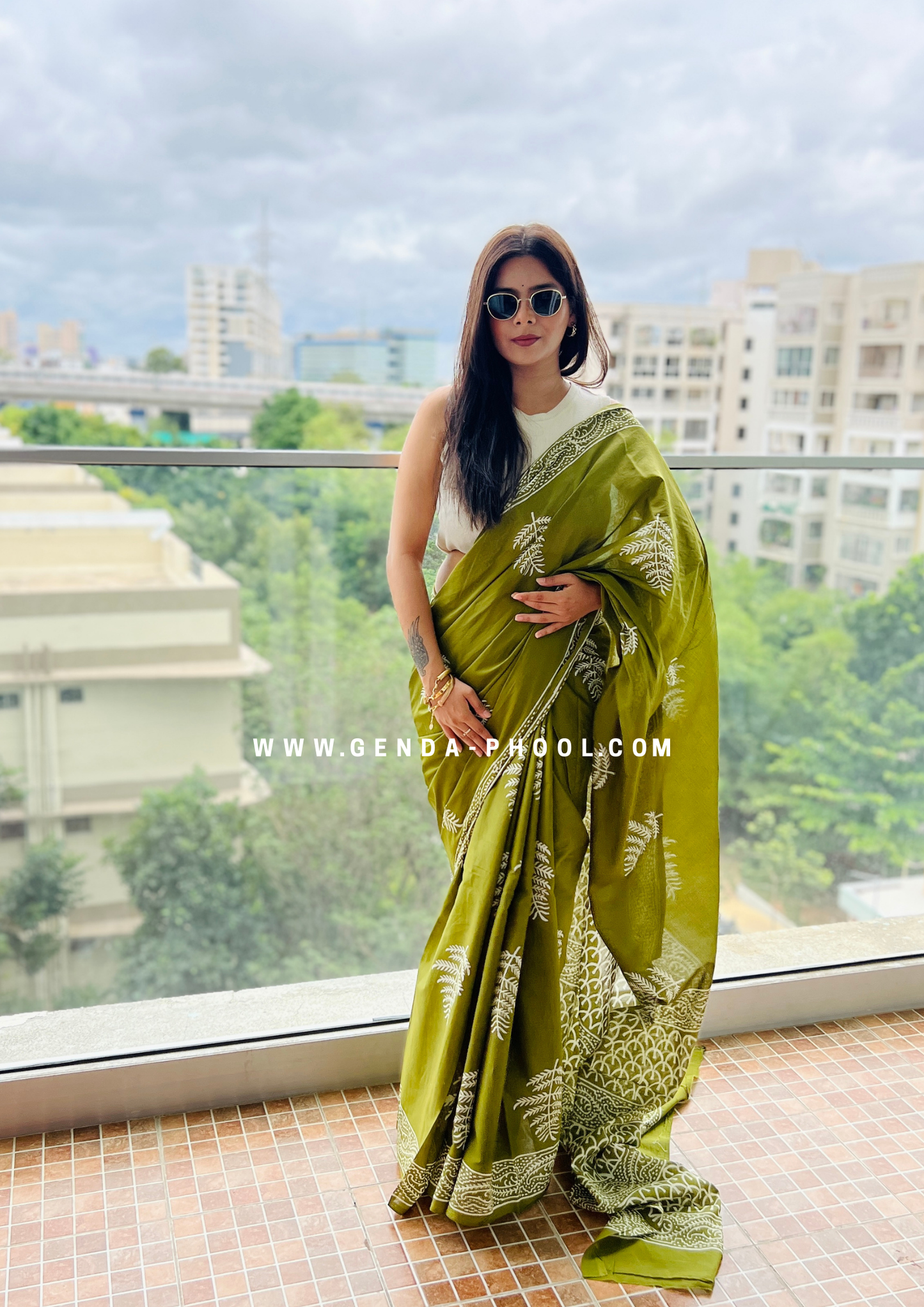 Green Leaf Print Handblock Mulmul Saree