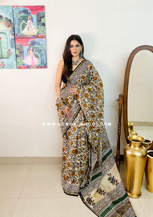 Handloom Kalamkari Handblock Printed Chanderi Silk Cotton Saree with Zari Border