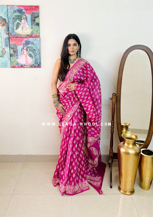 Handloom Dabu Handblock Printed Chanderi Silk Cotton Saree with Zari Border