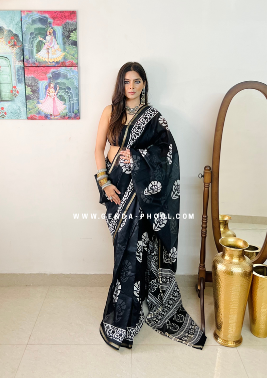 Handloom Dabu Handblock Printed Chanderi Silk Cotton Saree with Zari Border