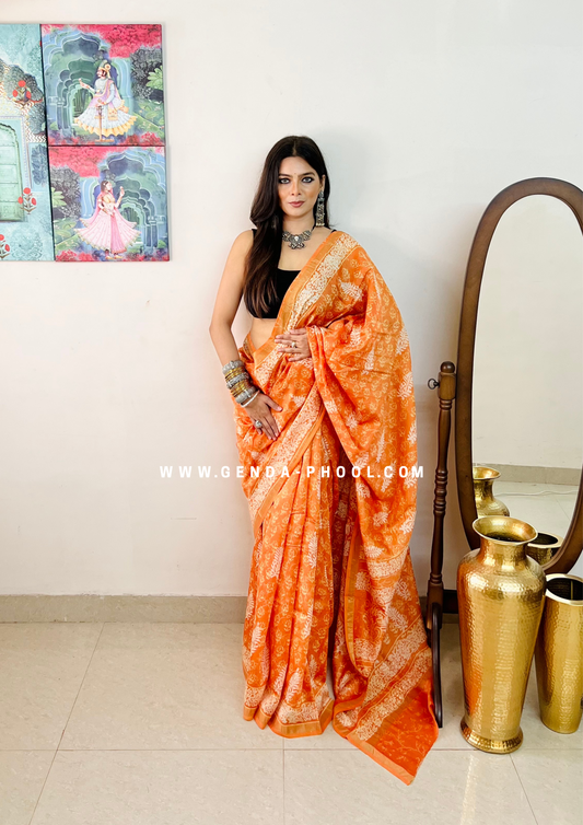 Handloom Dabu Handblock Printed Chanderi Silk Cotton Saree with Zari Border