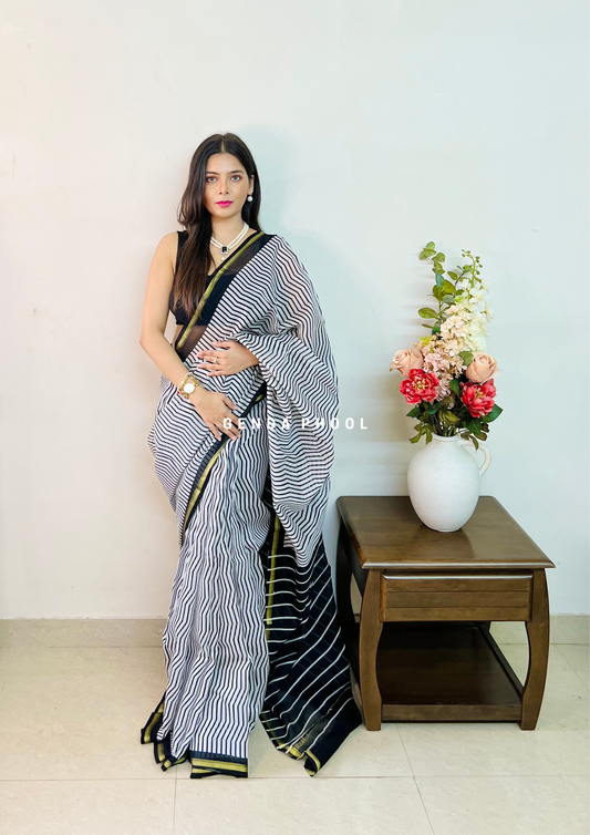 Handloom Handblock Printed Chanderi Silk Cotton Saree with Zari Border