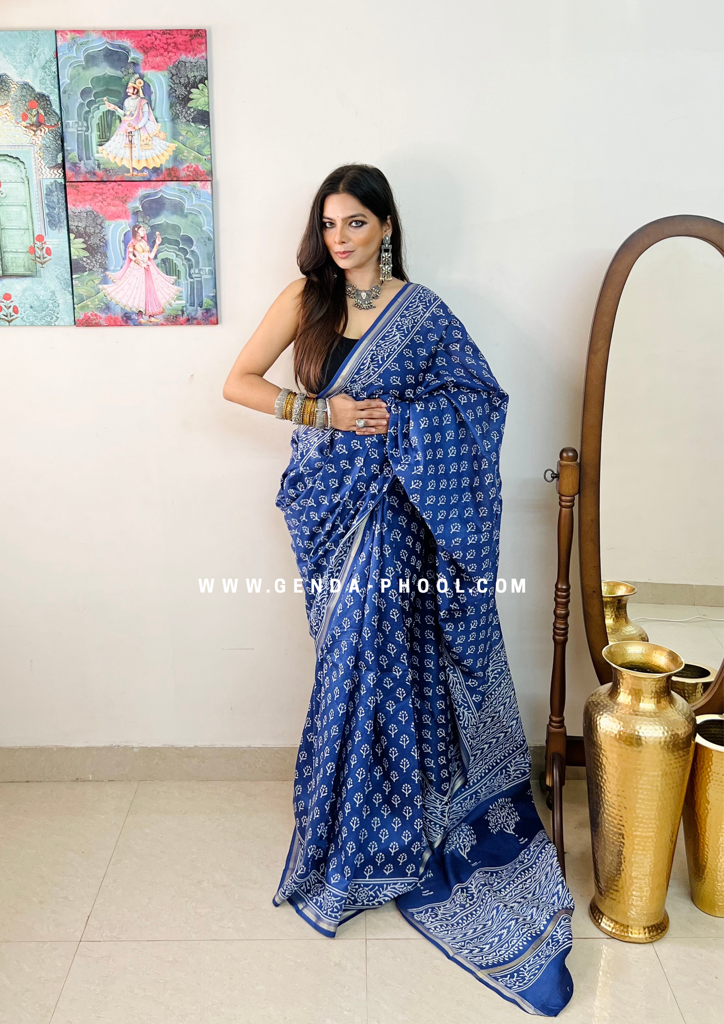 Handloom Dabu Handblock Printed Chanderi Silk Cotton Saree with Zari Border