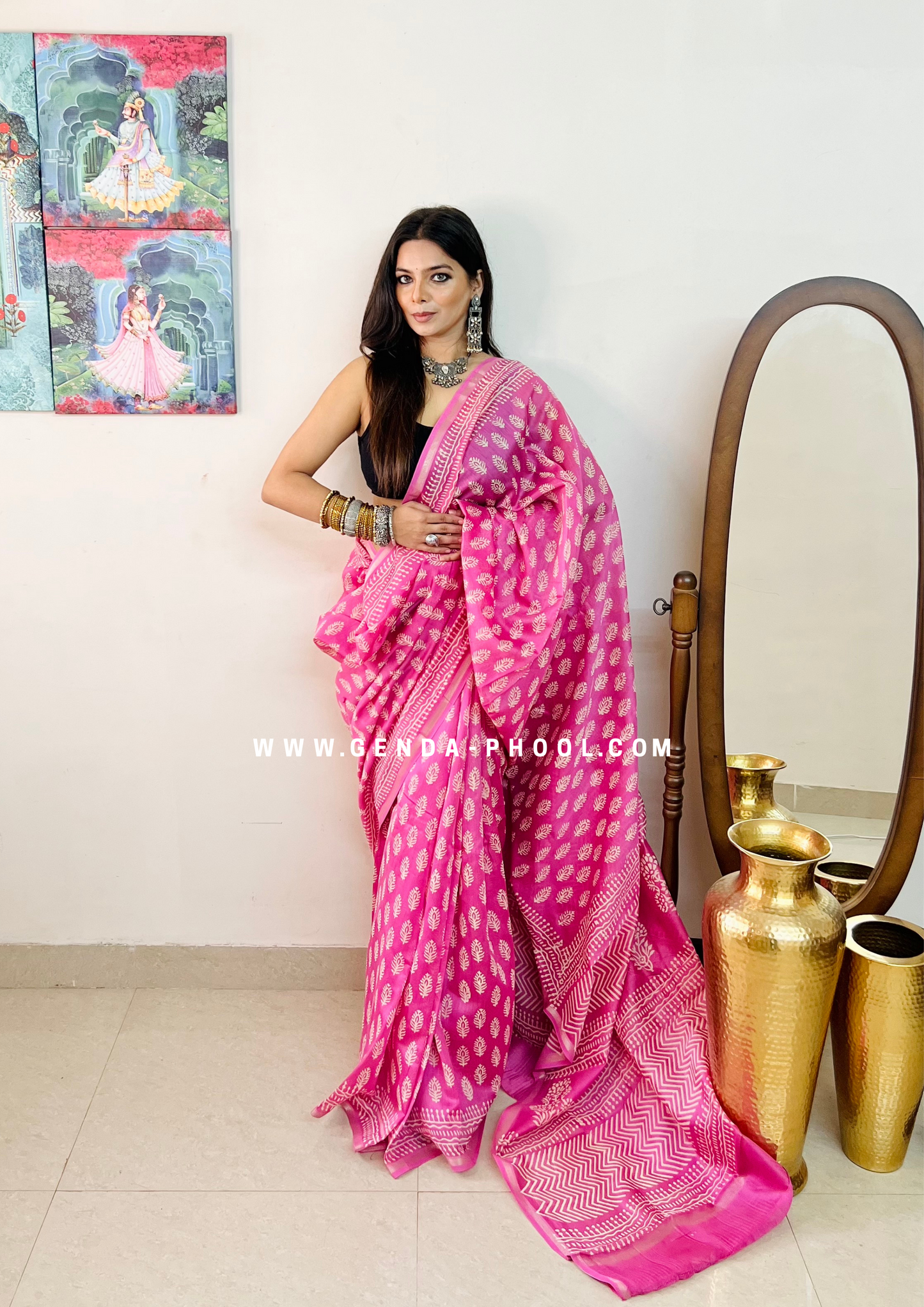 Handloom Dabu Handblock Printed Chanderi Silk Cotton Saree with Zari Border